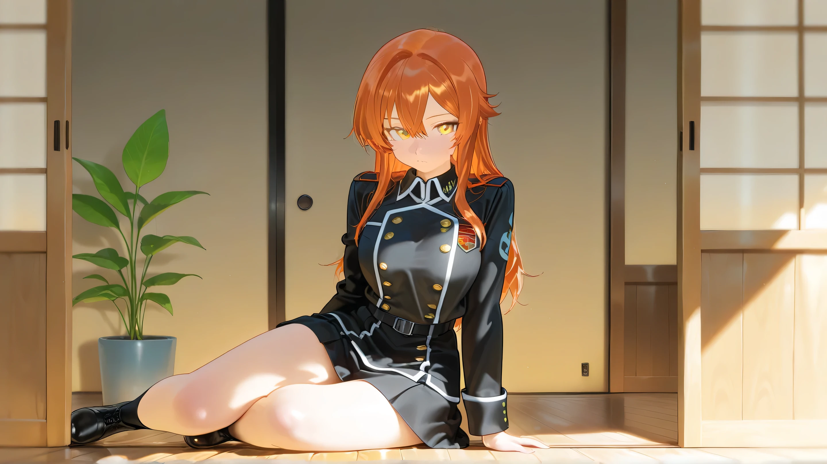 Masterpiece, Best Quality, Top Quality, Very Detailed, A young woman with short auburn hair and golden eyes sits on the wooden floor near an open sliding door, bathed in warm sunlight. She wears a dark military-style uniform with golden buttons, exuding a melancholic yet captivating aura. Her gaze is soft yet intense, filled with deep emotion. The background features lush green plants slightly blurred, with soft shadows adding depth to the scene. The art style is highly detailed, semi-realistic anime with rich textures, warm natural lighting, and a nostalgic atmosphere.