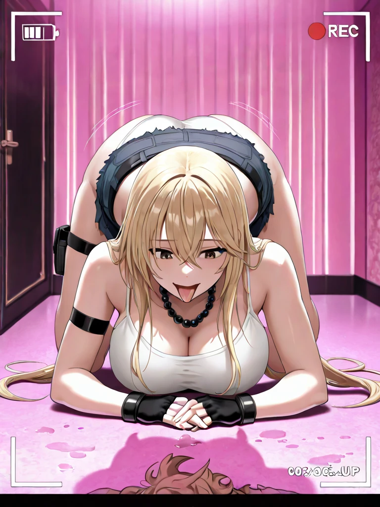 Hands tied up with blonde chains, hanging, underarm, tears in her eyes, frustrated, raped by slime, attacked by slime, lying on the floor, naked, on her back, legs spread in an M shape, slime pounding into her pussy, mouth open and trembling, drooling, two holes, nipples being squeezed by slime, pounding into pussy with dick, slime spreading pussy open and entering inside, small breasts, tiny breasts, spurting out of pussy, crying