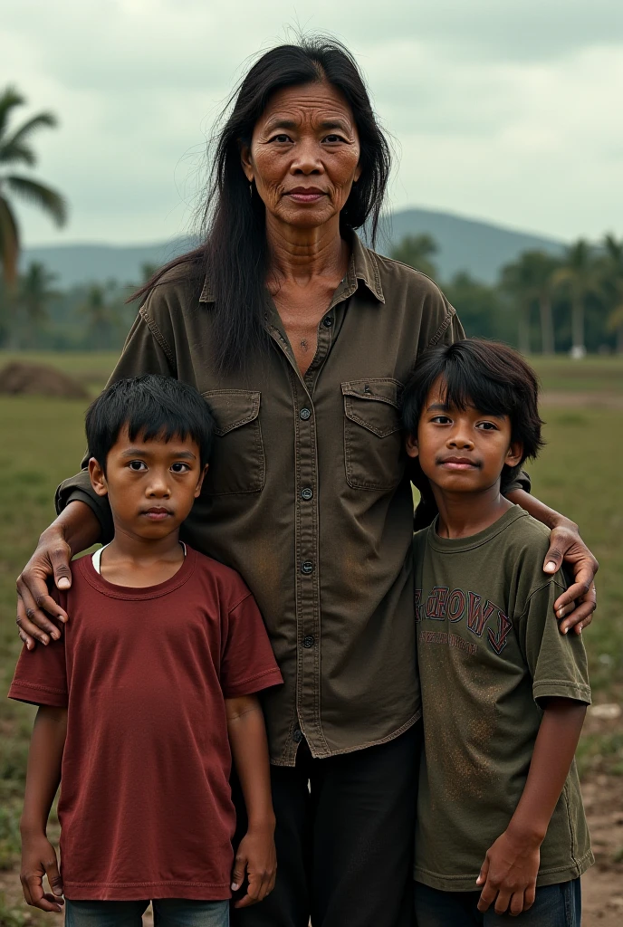Portrait of a small Indonesian family,father with short hair wearing a green shirt hat,Mom wears the hijab,7 year old girl,and a 3 year old girl was under a thick pine tree