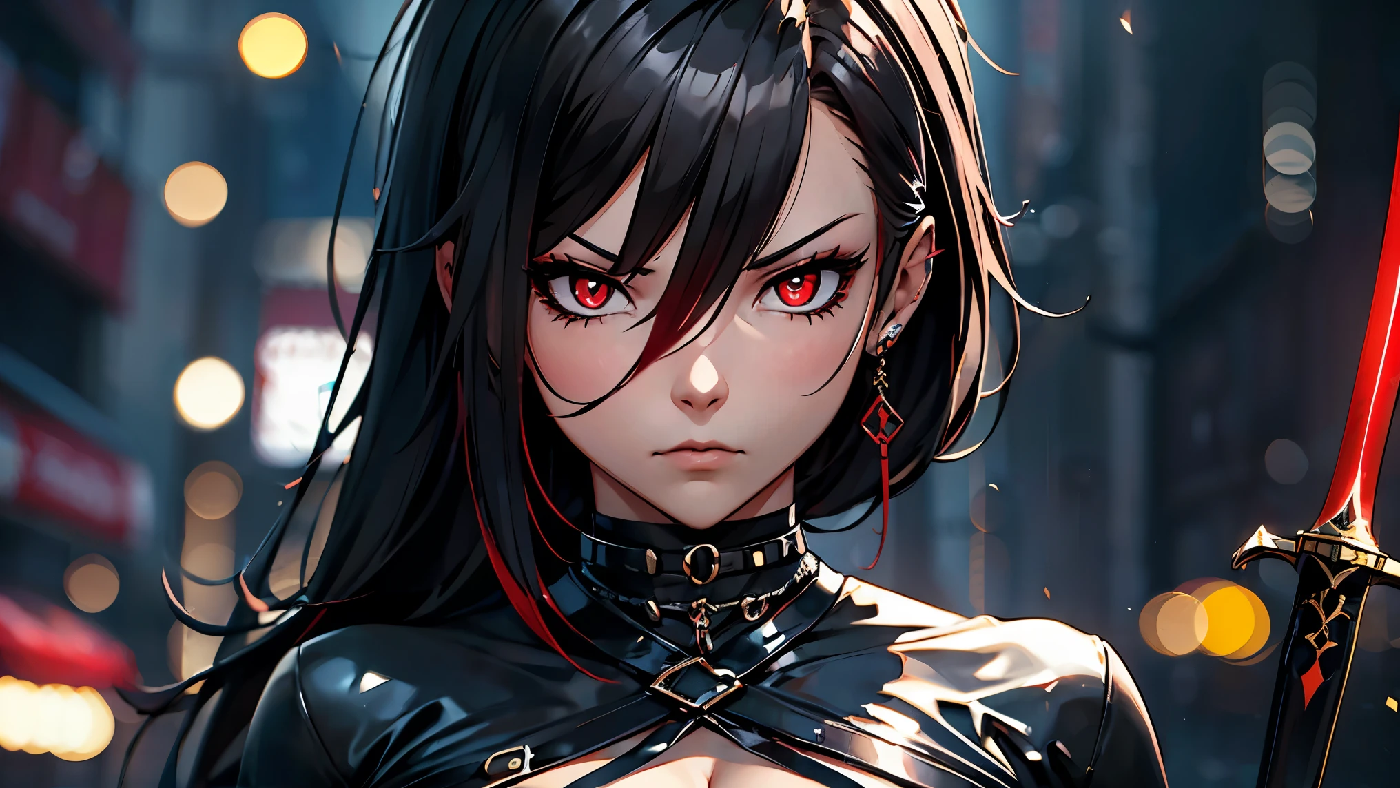 sexy dressed woman with sword, red eyes glowing, serious face, looks angry, syberpunk