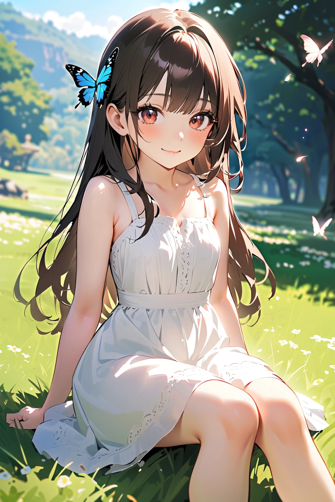 Takagi-san、Shiny brown hair, Long Hair,((Forehead、Center part))、 Beautiful brown eyes、smile、Sparkling eyes, (fine grain)、Very fine eye、Very detailedな顔, Very detailedな目,
Highest quality, Great quality, 16K, Unbelievably absurd, Very detailed, 2.5D, delicate and dynamic,
blue sky, White mini dress、cute、Sit on a park bench with your feet up、Spread your legs wide、Panty shot