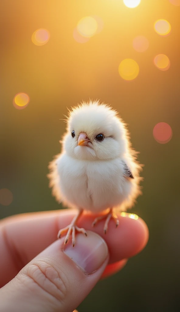 Photorealistic、8k、Micro tiny baby perched on human finger [Long-tailed Tit] The whole body is pure white and fluffy.
