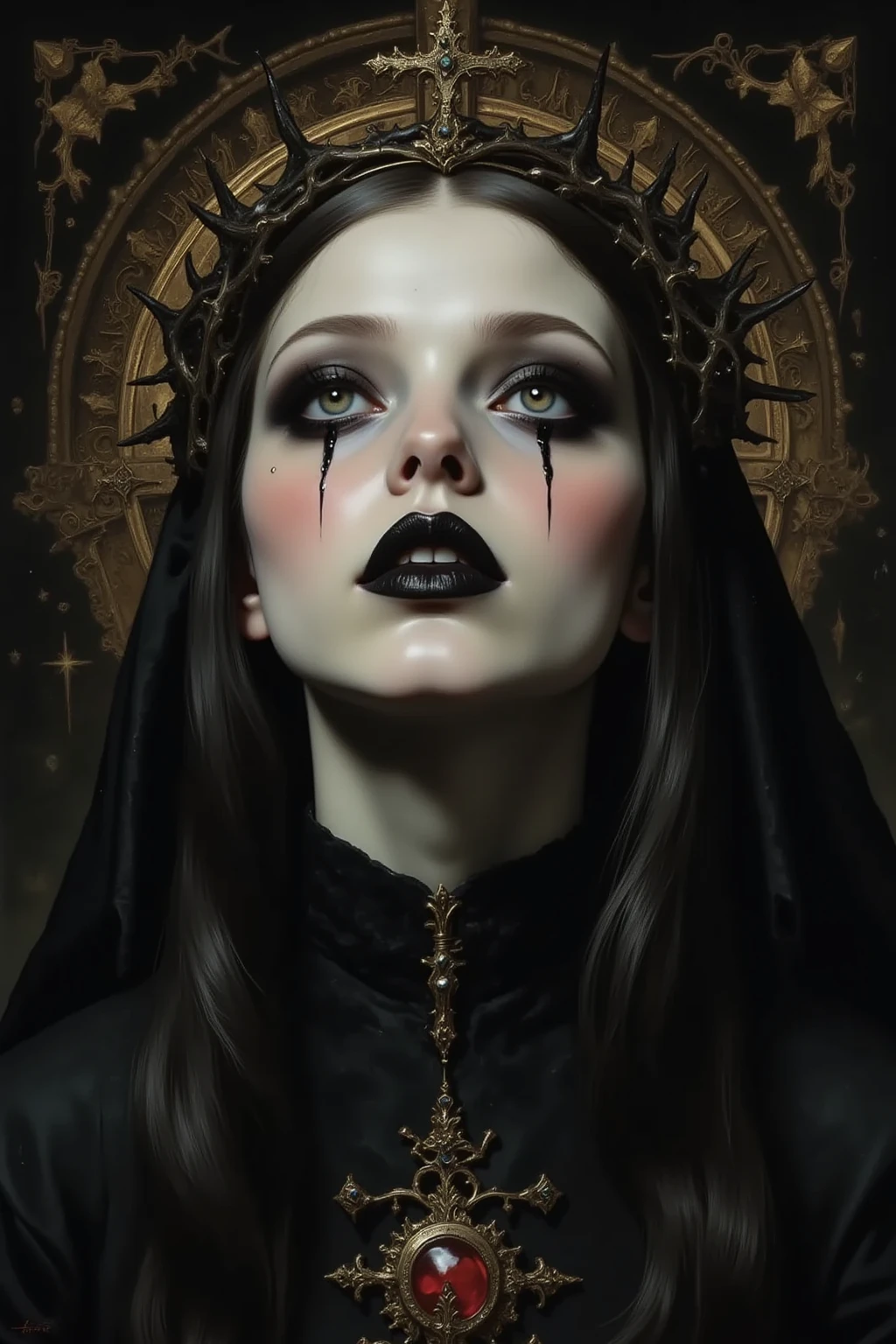 ((crown of thorns:1.5)),(ecstatic expression,orgasmic),fashion photography,1 girl, solo,(heavy black mascara,looking up,gazing Upward,:1.3),black tear,beautiful face,feminine,award winning photograph, photorealistic,beautiful black eyes, sexy,wearing nun costume,cross earning ,thick black lips,depression,black hair,red cheeks,long straight hair,pale skin,black opera length gloves