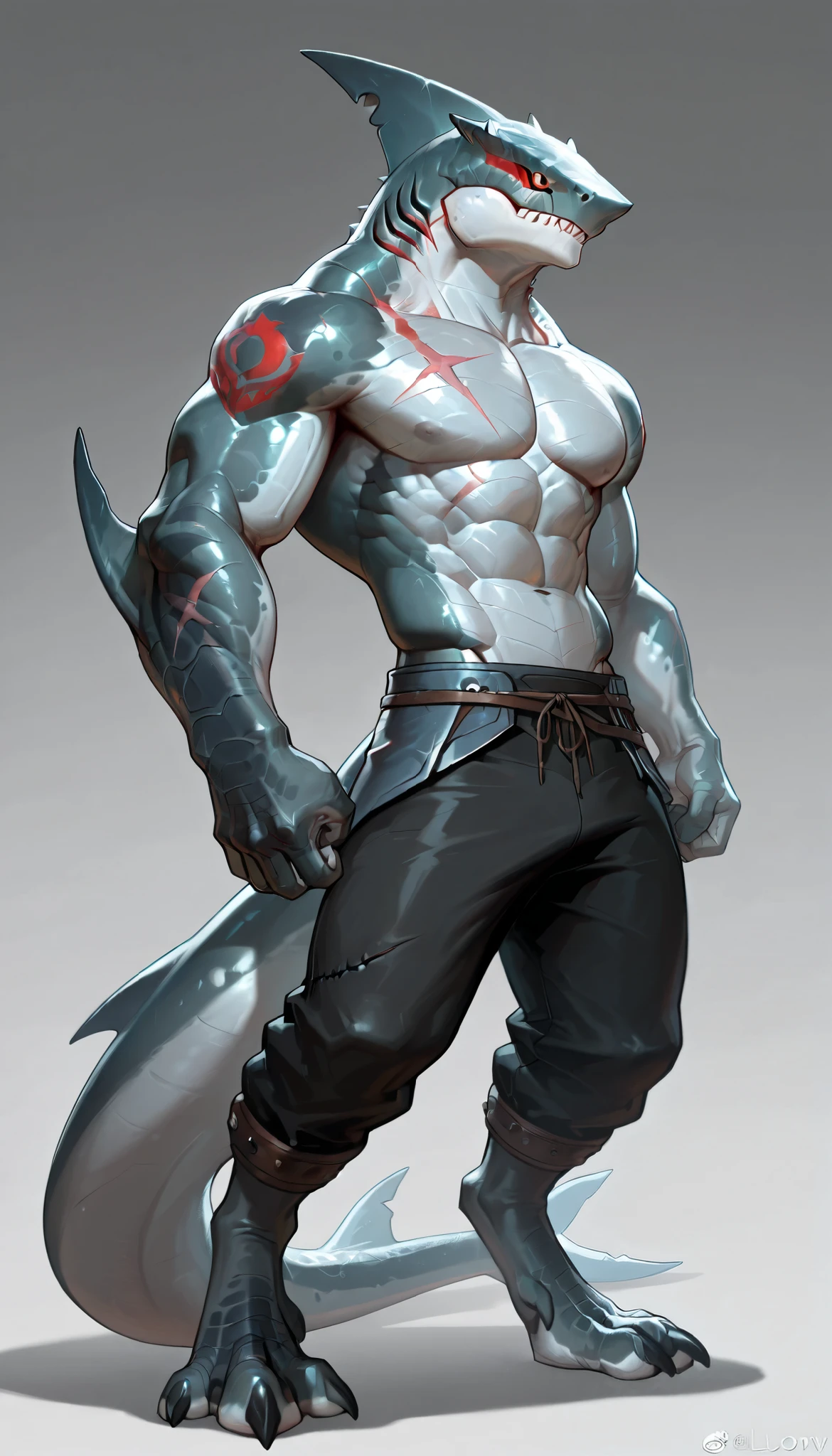 sharkman, anthro megalodon, darker hands and fins, darker back, solo, big arms, bara, detailed skin, lizard shark hybrid, anthro, closed mouth, polynesian tattoos, tattoos covering arm and shoulder, detailed scalie skin, detailed scales on body, scalie arms, fins on arms, gray color body, beefy, thick scales on arms, digitigrade legs, proporcional body, mercenary pants, wide chest, scars, marked jaw, 4 toes, thick shark tail, The design incorporates elements from various shark species, such as the dorsal fin, sharp teeth, and muscular build, best quality, realistic, ultra-detailed, by laobai, by honovy, by Riolutiny, detailed illustration of 4K horror, standing ready to fight