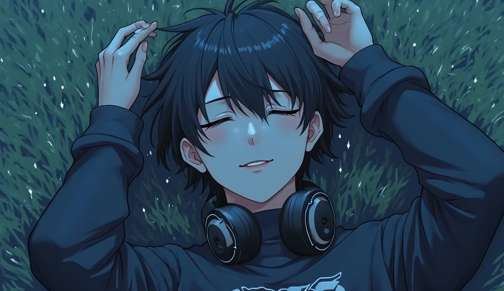 Anime boy with headphones and a bottle with a turquoise background, the bottle is darker and the older boy is similar but a little duller.