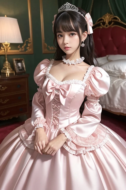 ,highest quality, masterpiece, highest resolution, artwork, super それにto get used to something, many to get used to something, to get used to something, それにto get used to something, 3K realistic photos,,((25 year old lesbian women)),Super Detailed Face,both are princesses,detailed luxury tiara,Floor-length ball gown with crinoline,Ruffle collar,Detailed braided band on the chest,puff,long sleeve,((Pink Lolita style princess satin dress、Comes with lots of ruffles and ribbons。)),crazy'colorful fashion,shiny silk satin dress,soft and smooth silk satin fabric,luxury,very long blonde hair,blue eyes,white skin European,Pyjama,((In the palace)),Princess dances happily,beautiful flowing dress,fine white ruffles and lace,super long hair, that is as long as your body,white long socks,Drawers with lots of bells and whistles,Castle bedroom at night,Superlanges, flowing hair,on bed,豪華な天蓋付きon bed,巨大な広いon bed,Pink pillow with lots of ruffles,Pink silk satin curtains with luxurious ruffles and ribbons surround the bed,Prinzessin sitzt on bed,Pillows stacked behind the princess,A princess leans on a pile of pillows,Long hair scattered like a fan on bed, a woman kisses the breast of another woman, Kiss, a woman kisses the other woman's nakjen,lesbian woman,big ,big breasts