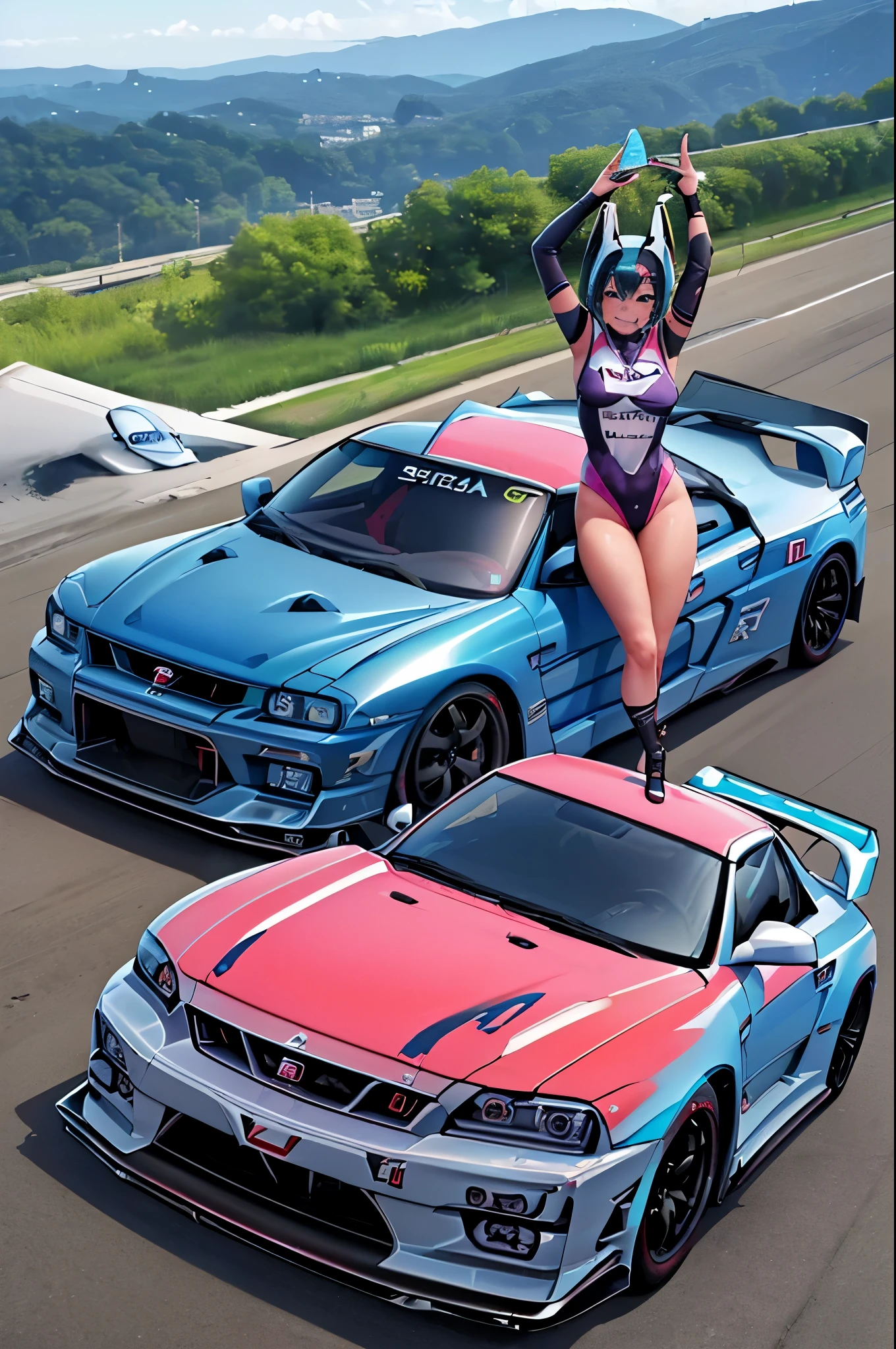 ((Race Queen))、Race Queen、((Laugh with your teeth showing))、sunlight、Hot summer day、Sunburn、((Blue Nissan Skyline GT-R:1.5))、((circuit))、Hatsune Miku、((Shiny, colorful and flashy leotards))、High leg、Brown skin、smile、Sunburn、Pink Tattoo、Green Hair、Long twin tails、