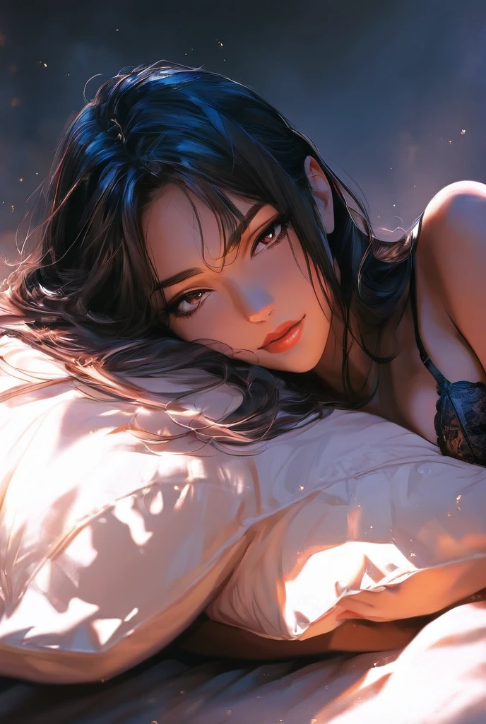 ((best quality)), ((masterpiece)), (detailed), perfect face, Beautiful tall Japanese Woman sleeping, asleep, long flowing hair, red lipstick, nude, Large Breasts, perky nipples, , long thin legs, thin waist, legs spread, small pubic hair King size bed, four post bed, fetal position, dim candle light, dim lit room, dark red sheets, satin sheets,