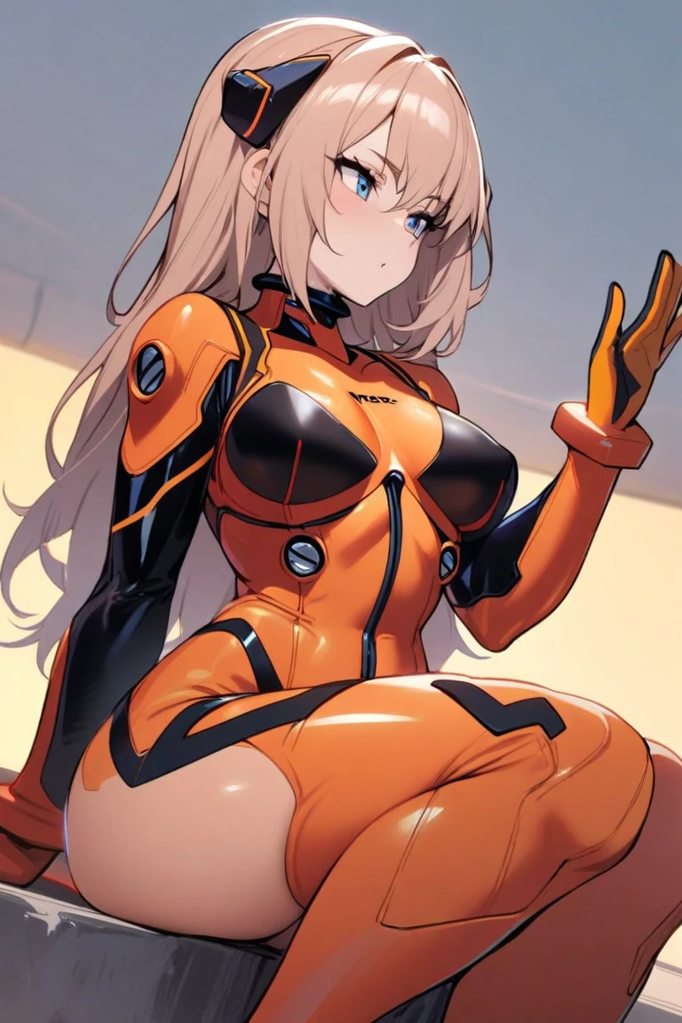 (best quality),female,Sala,original,solo,(((white bodysuit))),orange bodysuit,blonde hair ,green eyes,ultragirl,standing,Restrained by chains,kneeling,hands behind back,Solitary confinement,metal Background,ultra-detailed,sharp focus,aesthetic, score_9, score_8_up, score_7_up,source_anime,