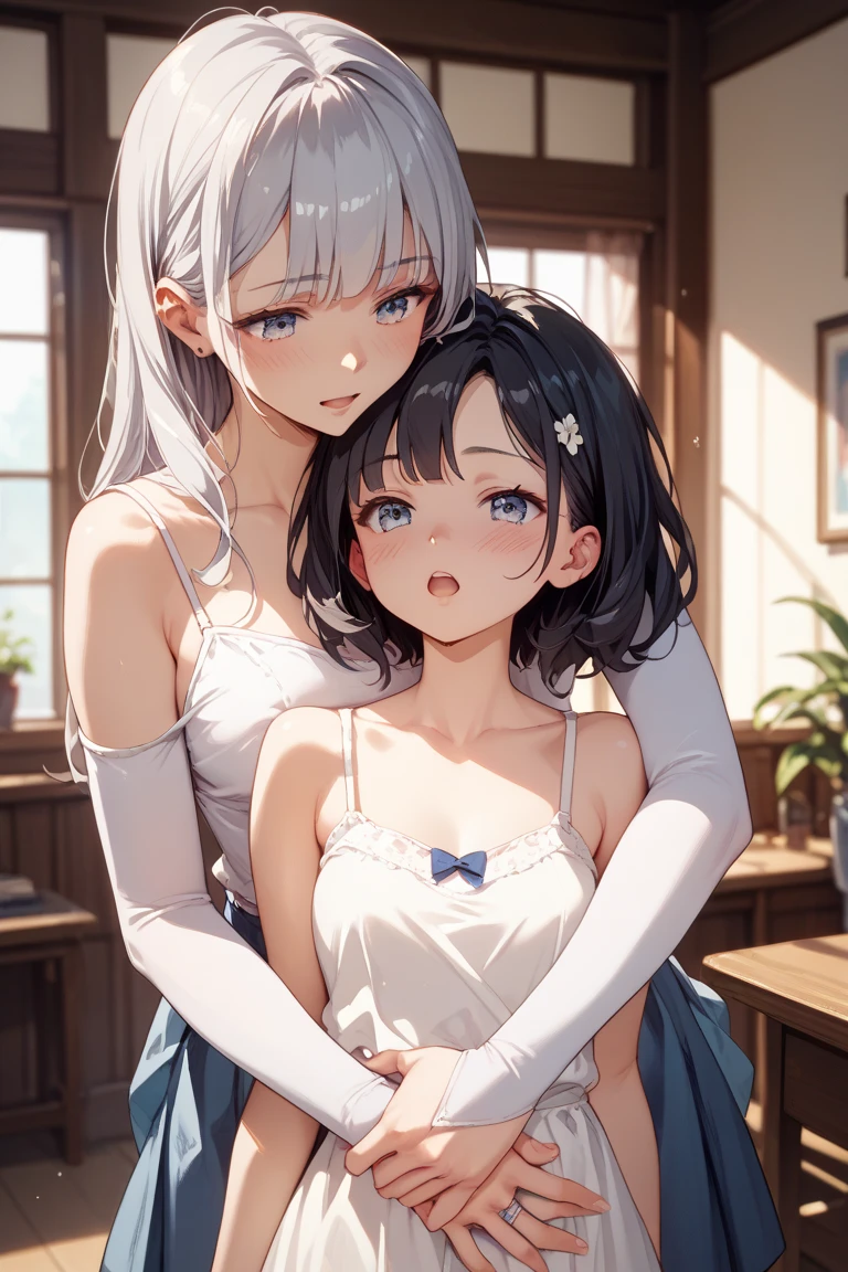 Highest quality、high resolution、Two Girls、Medium chest、Gray Hair、Black Hair、Princess hug、White nightgown、Royal style room、