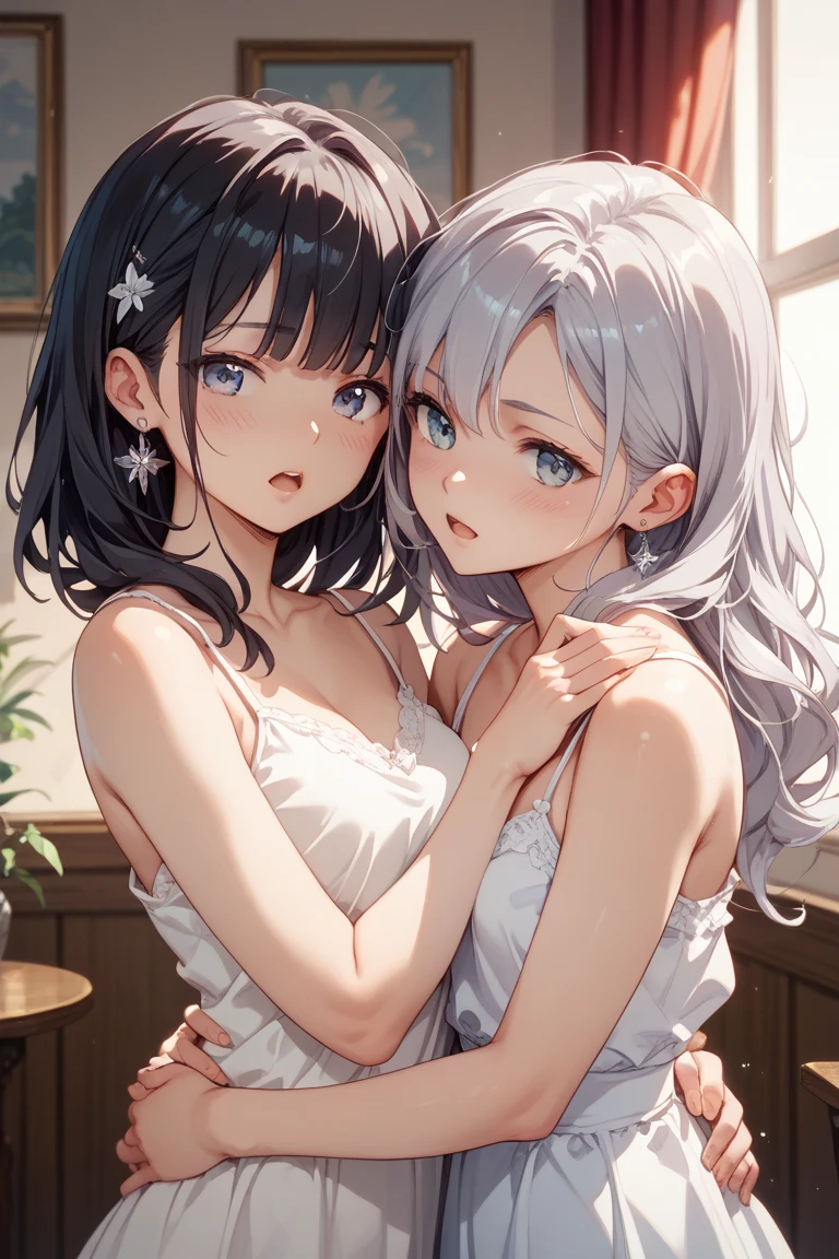 detailed, dense, masterpiece, A girl, Beautiful big breasts, Wearing a white cardigan, permanent,Standing by the bed,With blanket, white hair, , Light and smooth skin, Light skin, Shiny Hair, Clear eyes, Light's eyes,blue eyes, Light pink lips, (Audience looking down: 0. 8) Smile, Cheeks dyed red, Very shy, open mouth, By Bangs, White sleeves, White coat, A girl, soft skin,Large cleavage, Light skin, Light, Rich Light, room Lighting, Simple gold necklace, Diamond necklace, white lace bra, White lace, white lace underwear, High Angle, Low Angle, (masterpiece: 1.0), (Practical: 1.6), (Soft Focus: 1.5),black,