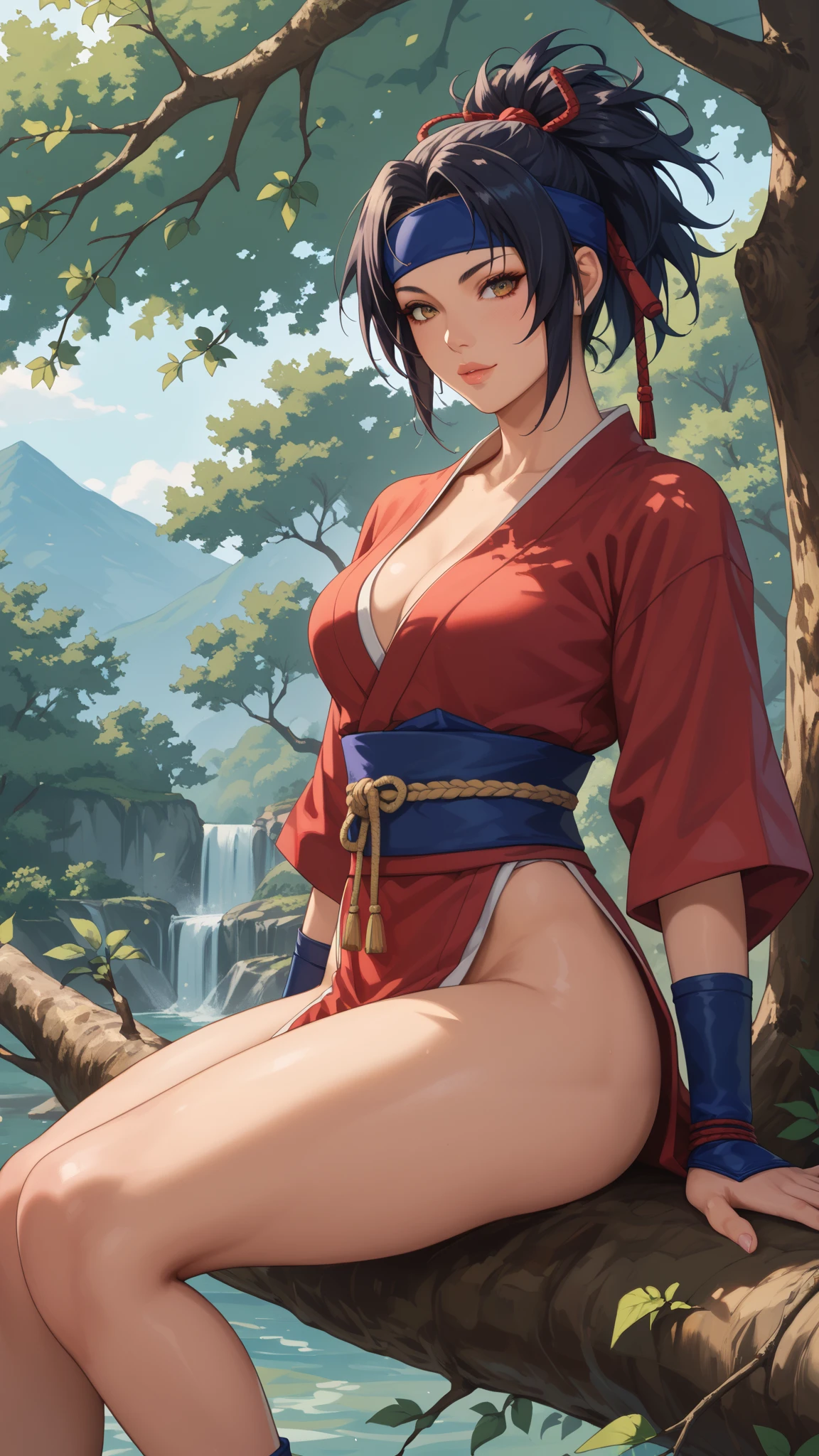 vector art、Female Ninja、Sengoku Period 、Female Ninja、beautiful、sitting on a tree branch、 sakurafubuki 、Beautiful Work、Light production