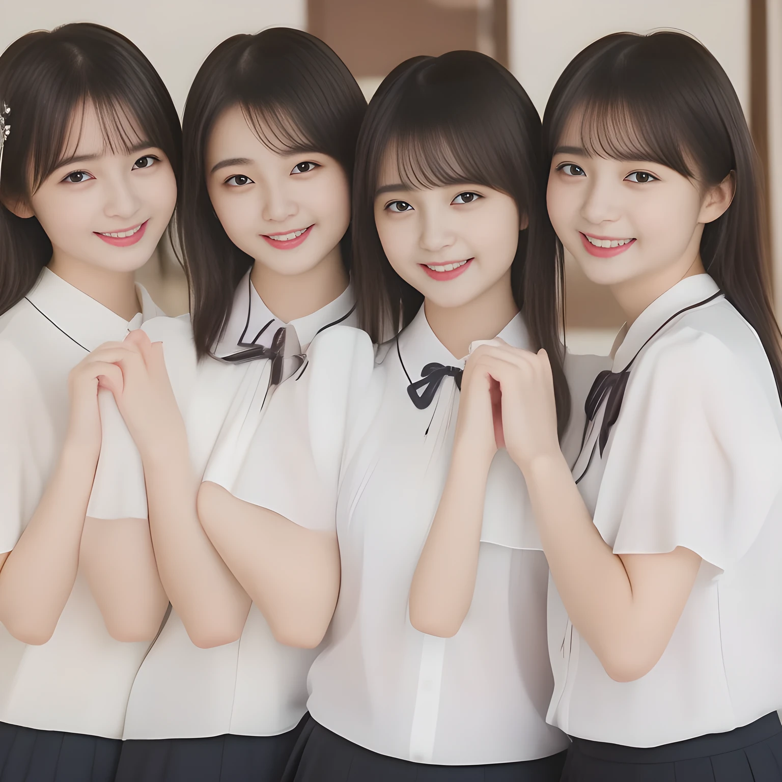 (masterpiece, best quality:1.2), High resolution, 1080P, 8K, 1girl, solo, (((Too beautiful three zinomy girls)) are surrounding, playing, caressing and fondling a something together. All the girls are noble, neat, intelligent and beautiful slender, maximum laughter of happiness, neat seducing uniform and skirt: 1.8), (Incredibly well organized pure white face, Glossy lips, Very long black beautiful straight hair like a hair model, Pure and clear wet eyes, (((Noble and neat))) Japanese school uniform, (white cute school ribbon bow-tie), girly & fluttering ((frilled gorgeous expensive white school blouse)), puffed sleeves, (white cutest well-pleated skirt): 1.7) ,(beautiful legs, white socks and school loafers), (Using expensive face-whitening cosmetics to make her skin more beautiful and pure by professional makeup artist: 1.0), (The 3 neat beautiful girls know well about the viewer's super fetishism for school uniforms, and satisfies it completely with skirt: 1.0), (well detailed face and seducing eyes: 1.8), (All the girls are giving the the (single alto recorder) extreme happiness of beautiful hands and skirt: 1.5)