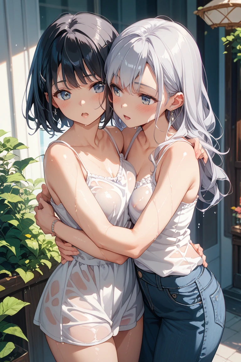 (highest quality)), ((masterpiece)), (Familiar), Perfect Face,Shiny skin,Beautiful breasts,Kyoto Animation style drawing,Shiny skin、hoodie、Sunburned skin、Sweat、Off the shoulder、Double teeth
、Short Hair、Braided Hair、Silver Hair、Young、Big Breasts、Embrace、hot spring、dark skin、close、near、Holding flowers、night、