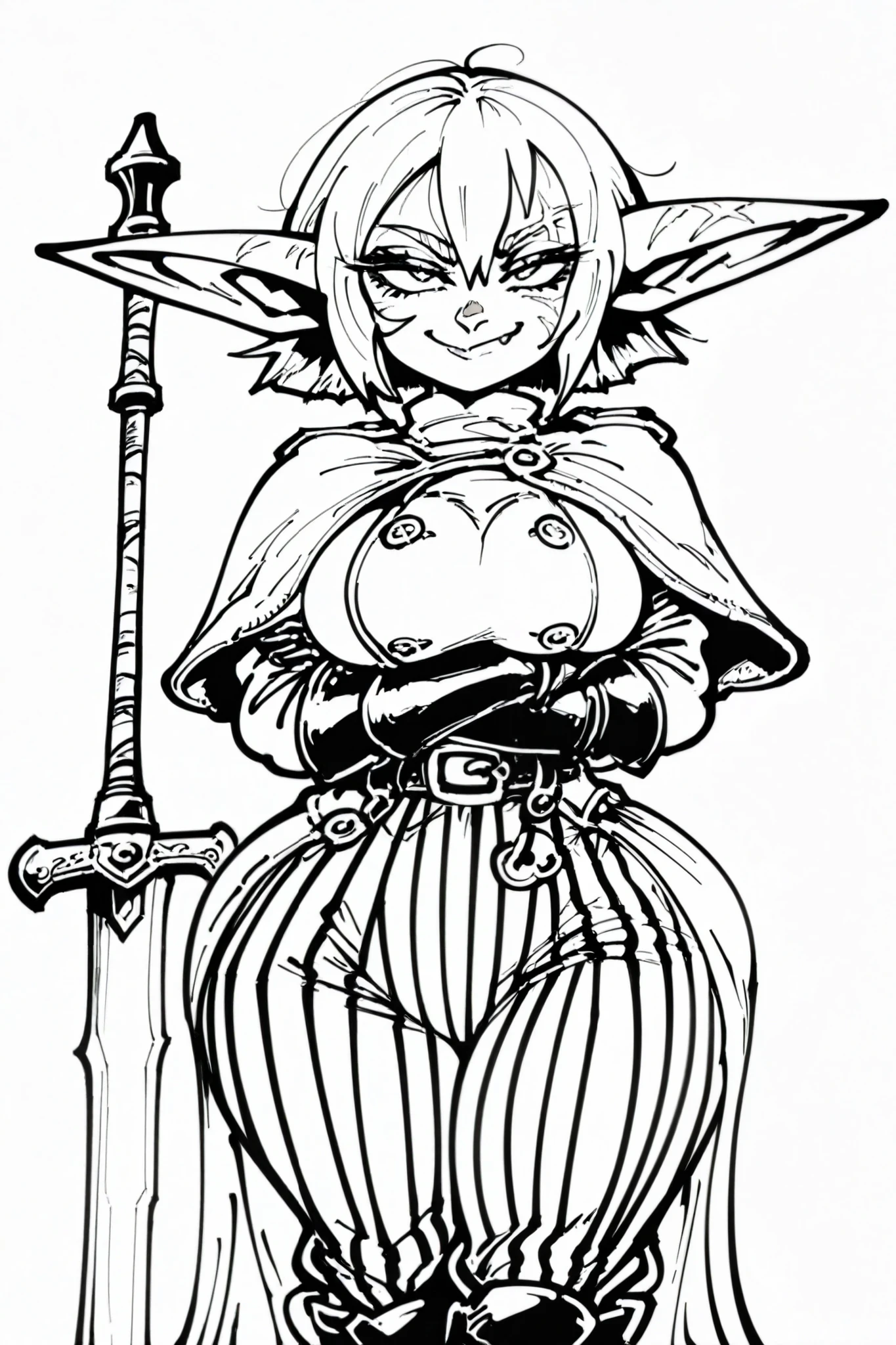 HDR, 8K, high contrast, masterpiece, best quality, amazing quality, very aesthetic, anime artstyle, realistic, newest,
BREAK
monochrome, greyscale, Line art, lineart, Timbrook
BREAK
solo , gloves , 1girl , female goblin , (armour:1 . 1) , standing , belt , coat , capelet , facing viewer , (shortstack:1 . 3) , large breasts , wide hips , beautiful , cute , weapon , loose clothes , scars , striped pants, smile, arms crossed