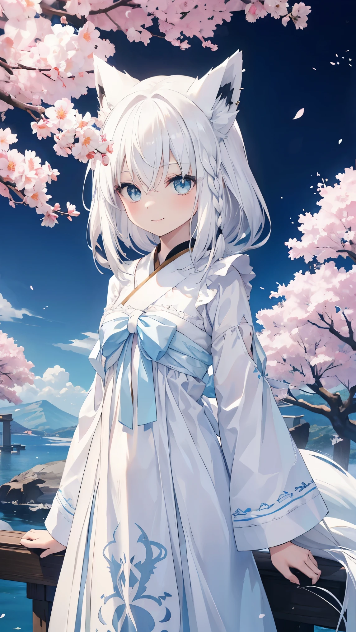 top quality、、(Whitening skin,)、 Silver Hair、light blue eyes,Petite、slender、( White Gothic Dress, frill,,),cherry blossoms,smile, fox ears,Fox Tail,Tea Ceremony,toned body,