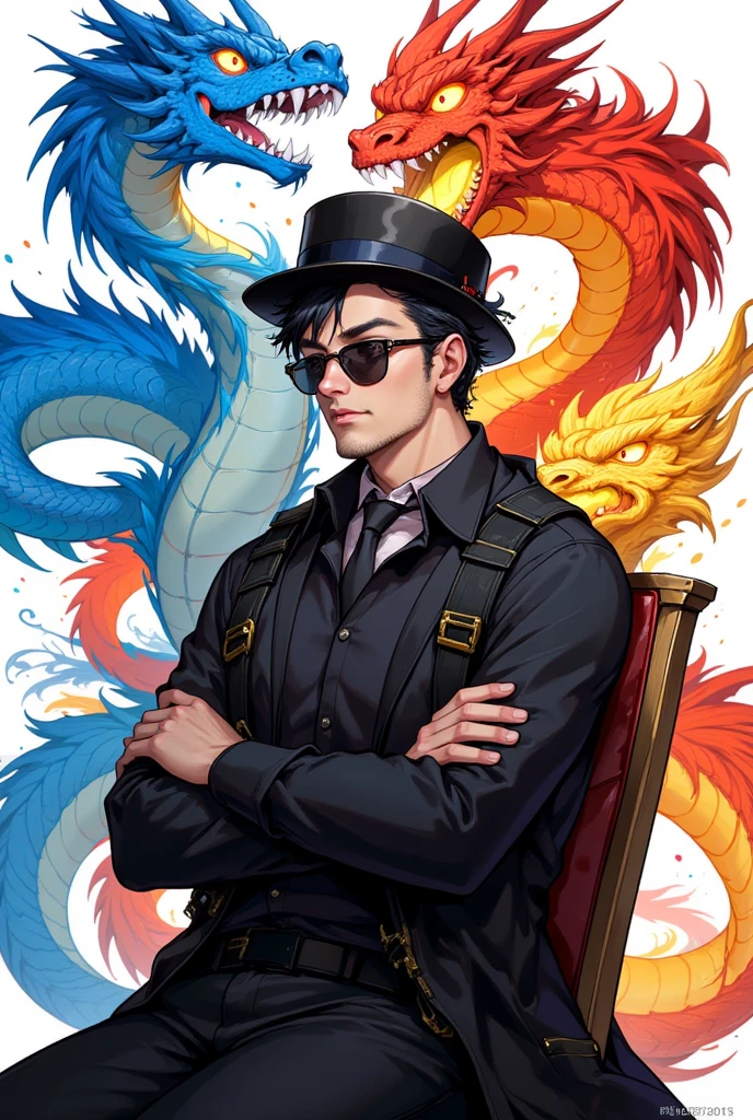 Young man with oriental face in leather hat, dragon, formal suit, short black hair, silver glasses, digital painting, 3D character design by Mark Clairedon and Pixar and Hayao Miyazaki and Akira Toriyama, the illustration is a high-definition illustration in 4K resolution with very detailed facial features and cartoon-style visuals.