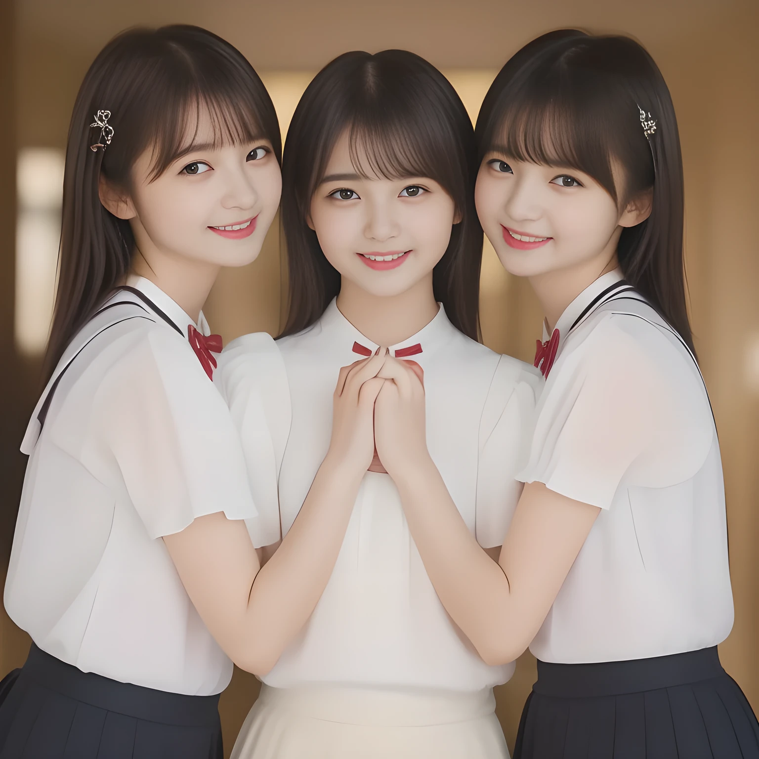 (masterpiece, best quality:1.2), High resolution, 1080P, 8K, 1girl, solo, (((Too beautiful three zinomy girls)) are surrounding, playing, caressing and fondling a something together. All the girls are noble, neat, intelligent and beautiful slender, maximum laughter of happiness, neat seducing uniform and skirt: 1.8), (Incredibly well organized pure white face, Glossy lips, Very long black beautiful straight hair like a hair model, Pure and clear wet eyes, (((Noble and neat))) Japanese school uniform, (white cute school ribbon bow-tie), girly & fluttering ((frilled gorgeous expensive white school blouse)), puffed sleeves, (white cutest well-pleated noble white skirt): 1.7) ,(beautiful legs, white socks and school loafers), (Using expensive face-whitening cosmetics to make her skin more beautiful and pure by professional makeup artist: 1.0), (The 3 neat beautiful girls know well about the viewer's super fetishism for school uniforms, and satisfies it completely with skirt: 1.0), (well detailed face and seducing eyes: 1.8), (All the girls are giving the the (single alto recorder) extreme happiness of beautiful hands and skirt: 1.5)