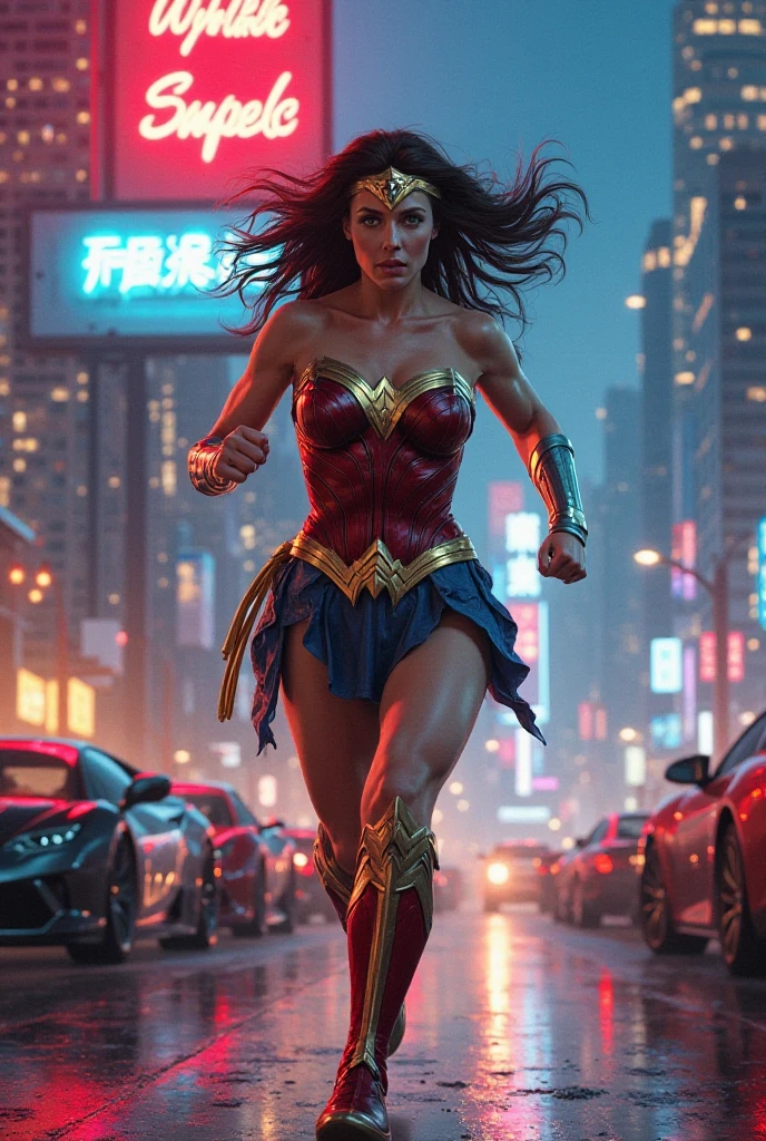 (best quality,4k,8k,highres,masterpiece:1.2),ultra-detailed,(realistic,photorealistic,photo-realistic:1.37),HDR,UHD,studio lighting,extreme detail description,professional,vivid colors,bokeh,fast-paced,speedy,energetic,explosive,captivating,action-packed,thrilling,superhero female superhero,fast running motion blur,beautiful detailed eyes,beautiful detailed lips,extremely busty,exposed midriff,deep exposure of cleavage,confident expression,flowing long hair,fitted superhero costume,striking colors,dynamic pose,tall and slim figure,fierce and determined,flying cape urban cityscape,Bangkok skyline,busy streets and traffic,neon lights and billboards,tall buildings and skyscrapers,modern architecture,street vendors and food stalls,colorful street art and murals,people and cars rushing by,dynamic and bustling atmosphere,blurred motion effects,implied speed and motion electrifying energy,crackling lightning bolts,sparkling energy trails,smoke and dust in the air,blurred background with streaks of light,expressive lighting and highlights,dramatic shadows and contrasts,high contrast between foreground and background,vibrant and saturated colors,playful use of light and shadows dynamic composition with diagonal lines,guiding the eye from foreground to background,sense of depth and movement,implied speed lines and motion blurs,sense of urgency and action,focus on the female superhero at the center of the image,showcasing her power and speed,creating a visually stunning and captivating scene