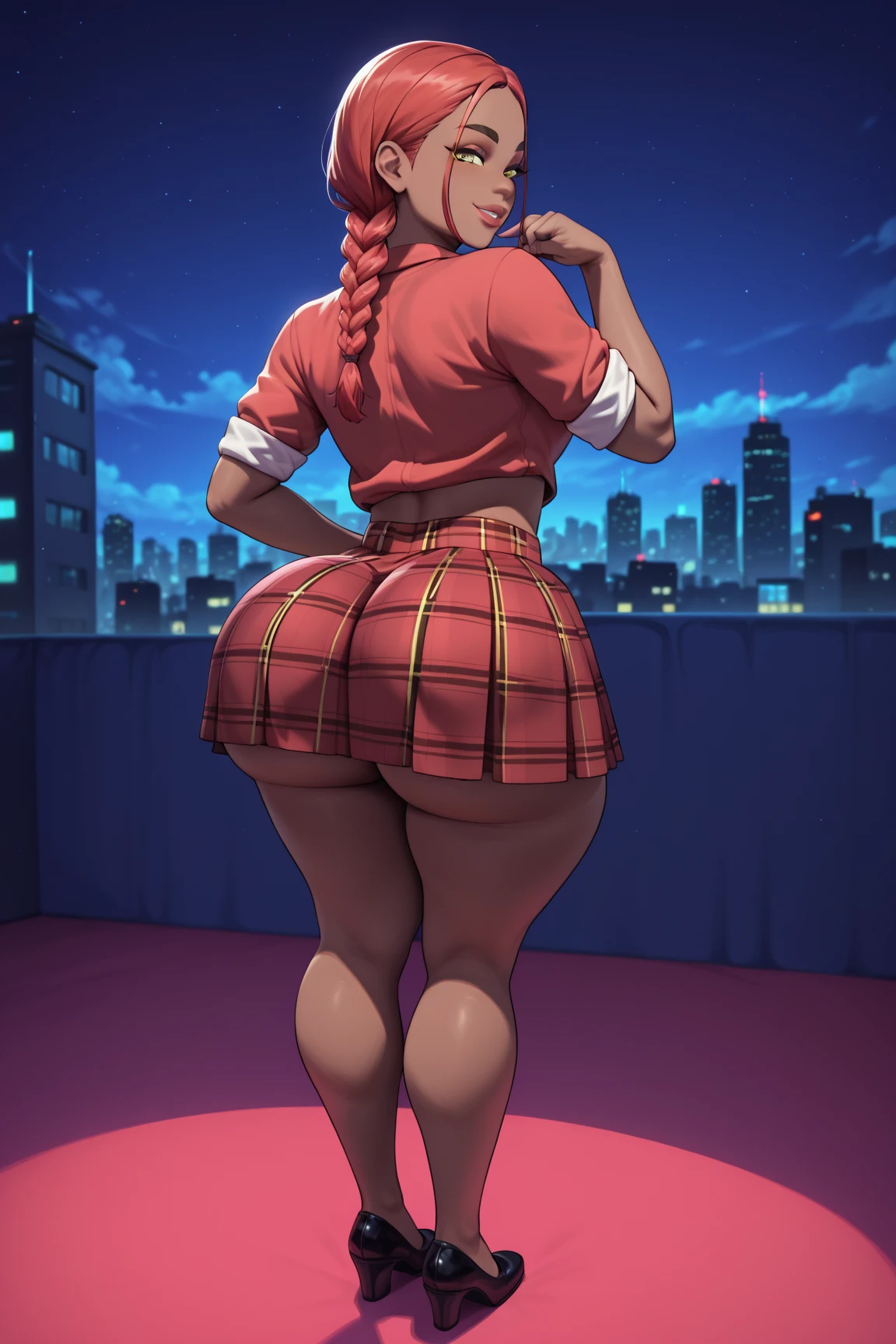 4K Quality, sexy smile, sexy pose, (black plaid skirt), standing up, ((black and gold braids)), (dark skinned), black woman, thick thighs, big breasted, big ass, looking at viewer, amber eyes, night time, bedroom eyes, full body, neon city background, perfect face, perfect body, perfect eyes, full lips,