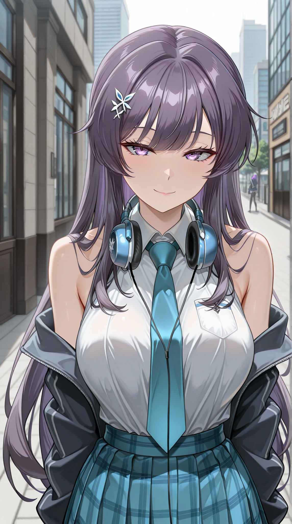 Yuka Hayase、Good looking girl (blush, Perfect Face), independent , Looking at the camera, masterpiece, Anime art style, Cute Characters, Most detailed, high quality、Nico Nico Smile、She is wearing a sexy purple swimsuit、In underwear、Purple hair and eyes