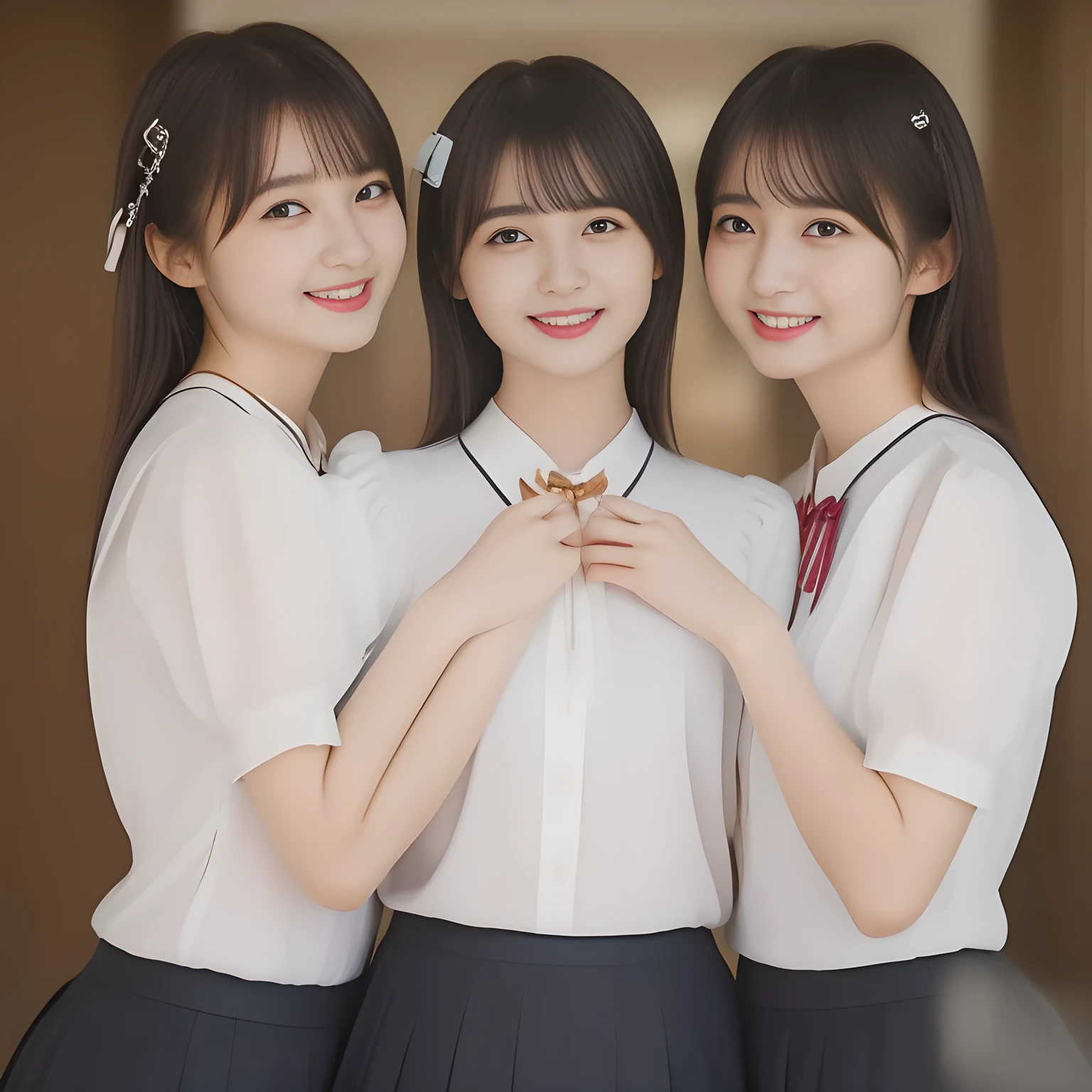 (masterpiece, best quality:1.2), High resolution, 1080P, 8K, 1girl, solo, (((Too beautiful three zinomy girls)) are surrounding, playing, caressing and fondling a something together. All the girls are noble, neat, intelligent and beautiful slender, maximum laughter of happiness, neat seducing uniform and skirt: 1.8), (Incredibly well organized pure white face, Glossy lips, Very long black beautiful straight hair like a hair model, Pure and clear wet eyes, (((Noble and neat))) Japanese school uniform, (white cute school ribbon bow-tie), girly & fluttering ((frilled gorgeous expensive white school blouse)), puffed sleeves, (white cutest well-pleated noble white skirt): 1.7) ,(beautiful legs, white socks and school loafers), (Using expensive face-whitening cosmetics to make her skin more beautiful and pure by professional makeup artist: 1.0), (The 3 neat beautiful girls know well about the viewer's super fetishism for school uniforms, and satisfies it completely with skirt: 1.0), (well detailed face and seducing eyes: 1.8), (All the girls are giving the the (single alto recorder) extreme happiness of beautiful hands and skirt: 1.5)