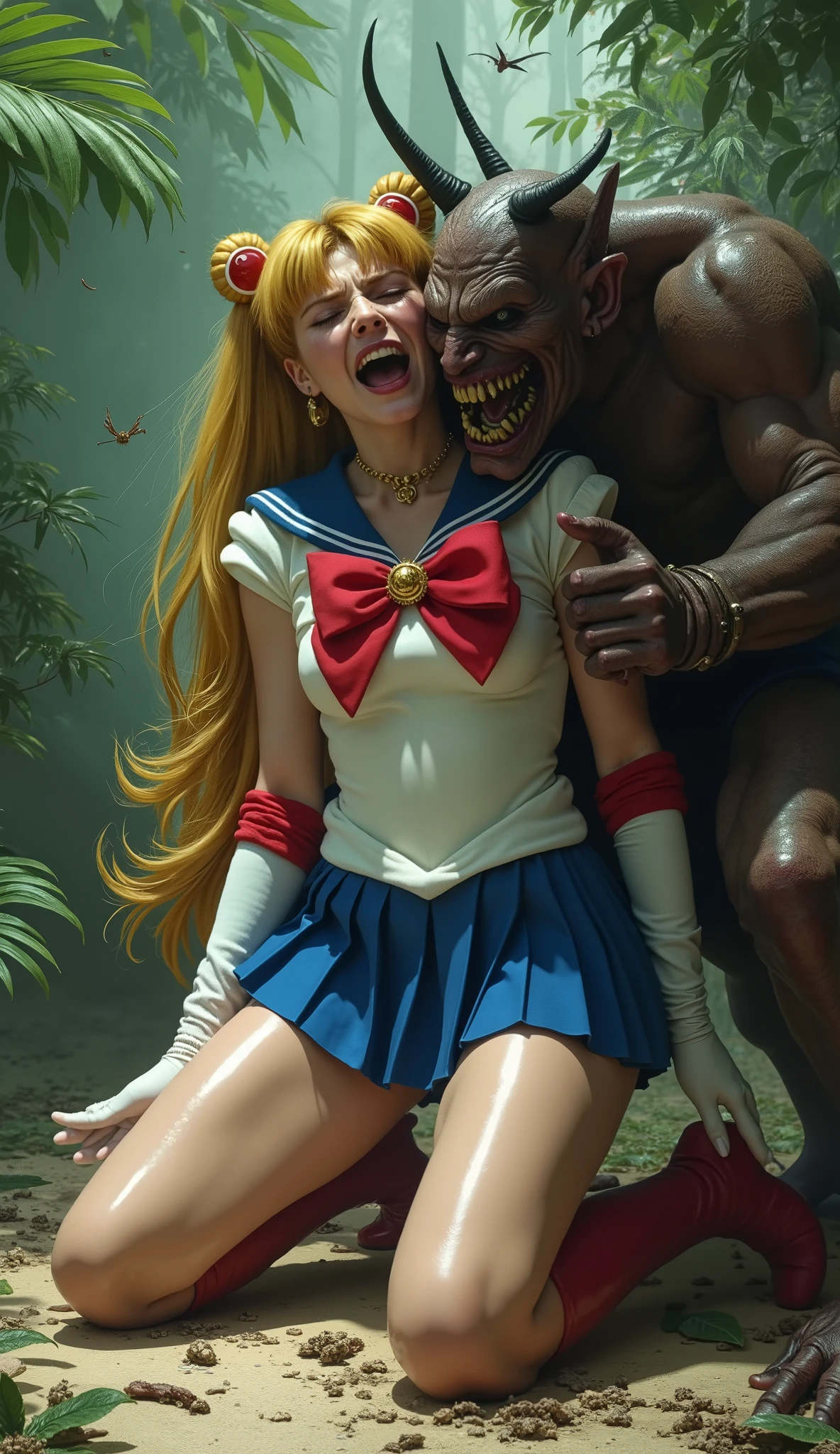 Hyperrealism, masterpiece, highest quality, A young Japanese woman is kneeling in front of a devil, she push his thighs out, ((she is crying and screaming in pain)), tears from her eyes, painful face, she is wearing a Sailor Moon costume, Blue sailor collar, Blue short mini pleated skirt, she is wearing a very short blue mini pleated skirt, (upskirt), Long white gloves, shiny beige color pantyhose, Exposed thighs, red long boots, big choker, long blonde Hair, (a devil is standing in front of her face), his crotch is at her face level and attach to her face, the devil is holding her head tightly and push his private part into her mouth, in the jungle,