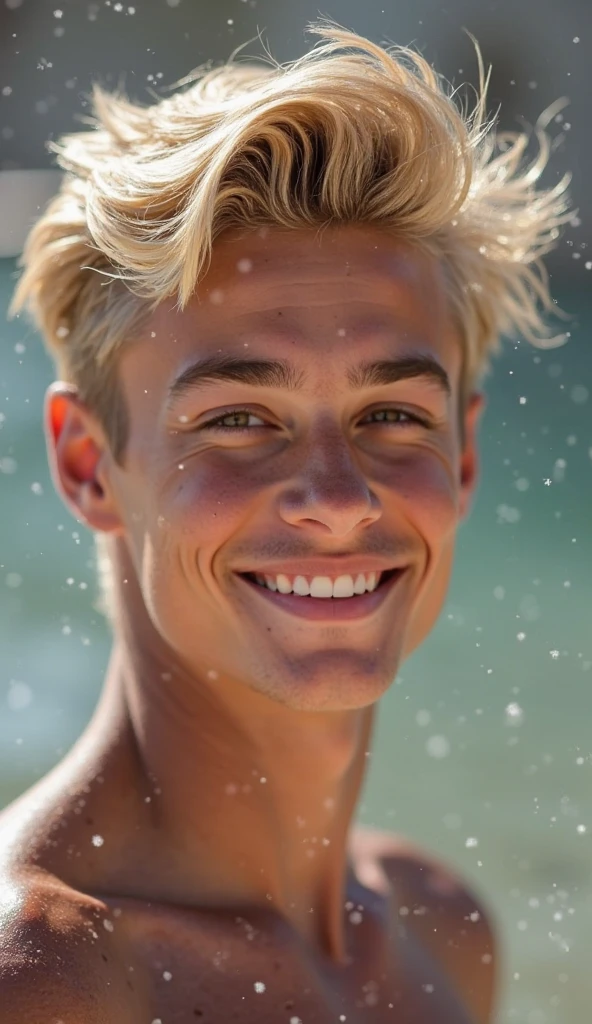 photorealistic, best quality, masterpiece, extremely detailed, very sexy, very homoerotic, extremely handsome, 20 year old japanese man, blond hair, athletic, wearing skimpy speedos, laughing out loud, lying face down on the shore, splashing waves, looking at camera, extremely romantic atmosphere, perfect face, perfect fingers, perfect hands, perfection