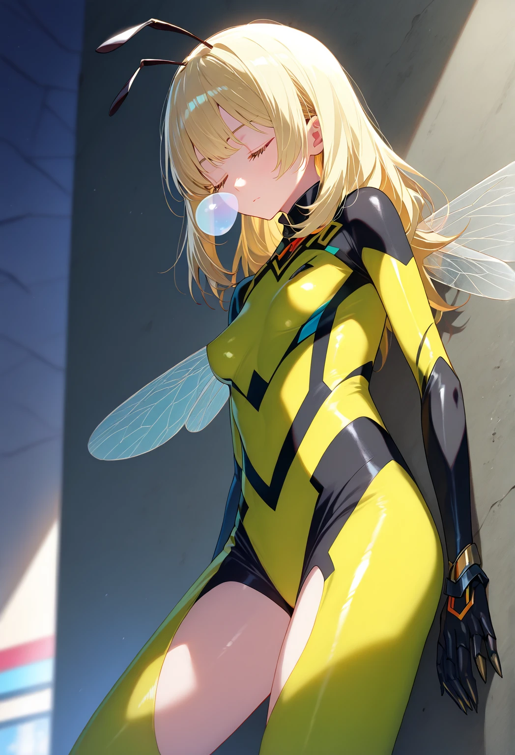 Sexy female drone, bee themed bodysuit, latex, bee wings, red compound goggles, high heels, masked face, exposed mouth, blonde hair