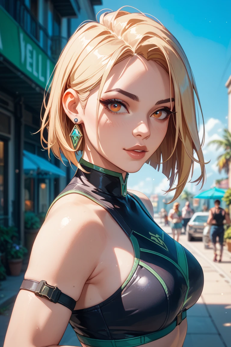 {4k image}, 1 Beautiful Brazilian woman, 18 years old, short blond hair (pixie cut),tanned skin, big dark rond eyes,busty, wide lips, pointed nose, choker, wearing a bikini (green and yellow), 1 mole, background city (unfocused), simple smile, manga lineart (with colors), {just face and chest photo}, {centered image}