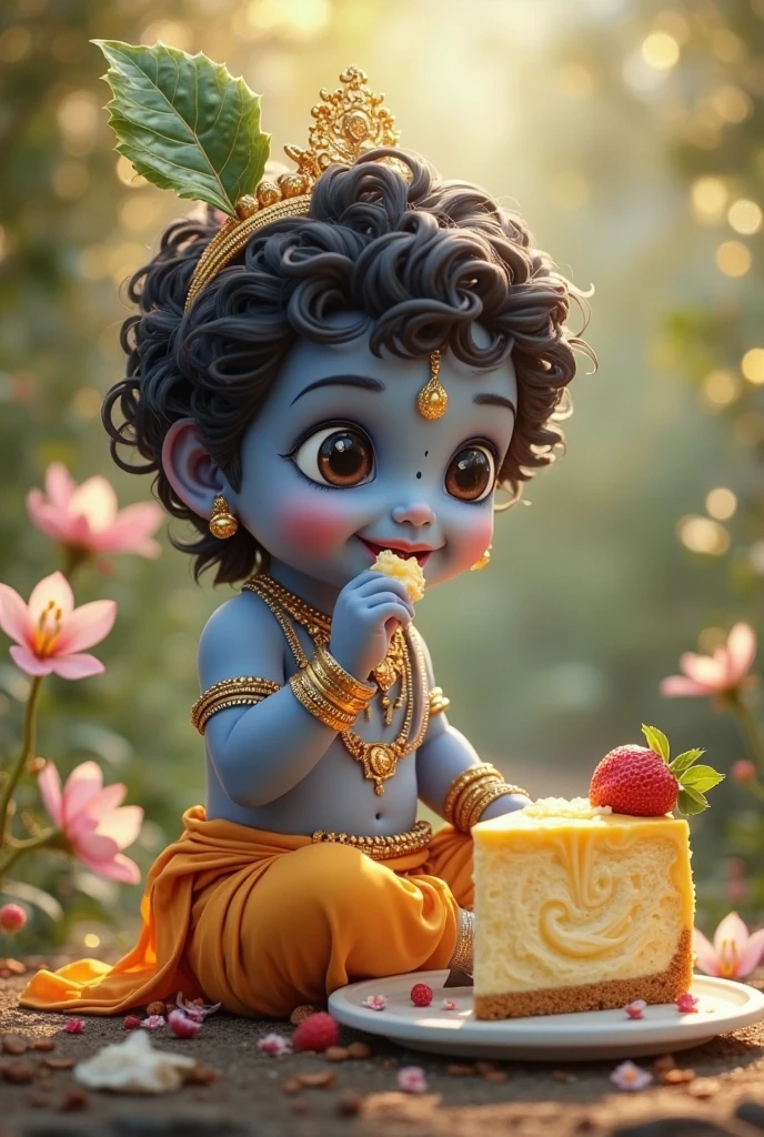 Lord krishna kid version eating makhan and wishing Happy Janmashtami by "Patwari Electrics" and having peacock 🦚 in nature and wearing peacock wing in head and having flute
