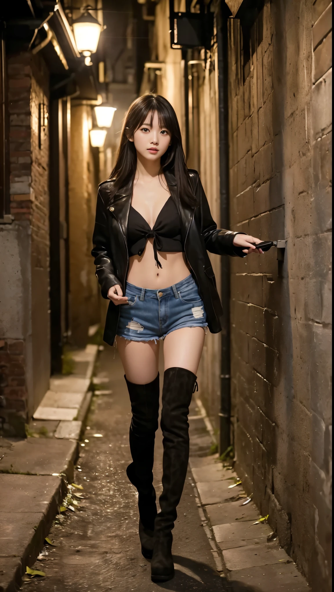Mulher jovem, bonita, rosto perfeito, saia de latex preta, botas pretas, botas de coxa, saia curta, seios nus, abdome fino, athletic, encostada em uma parede cinza, Mulher sul-coreana bonita, linda mulher coreana jovem, cabelos loiros, menina coreana, Modelo de moda feminina coreana, Jiyun Chae, azul e preto, Parque Ji-min, mulher coreana jovem bonita