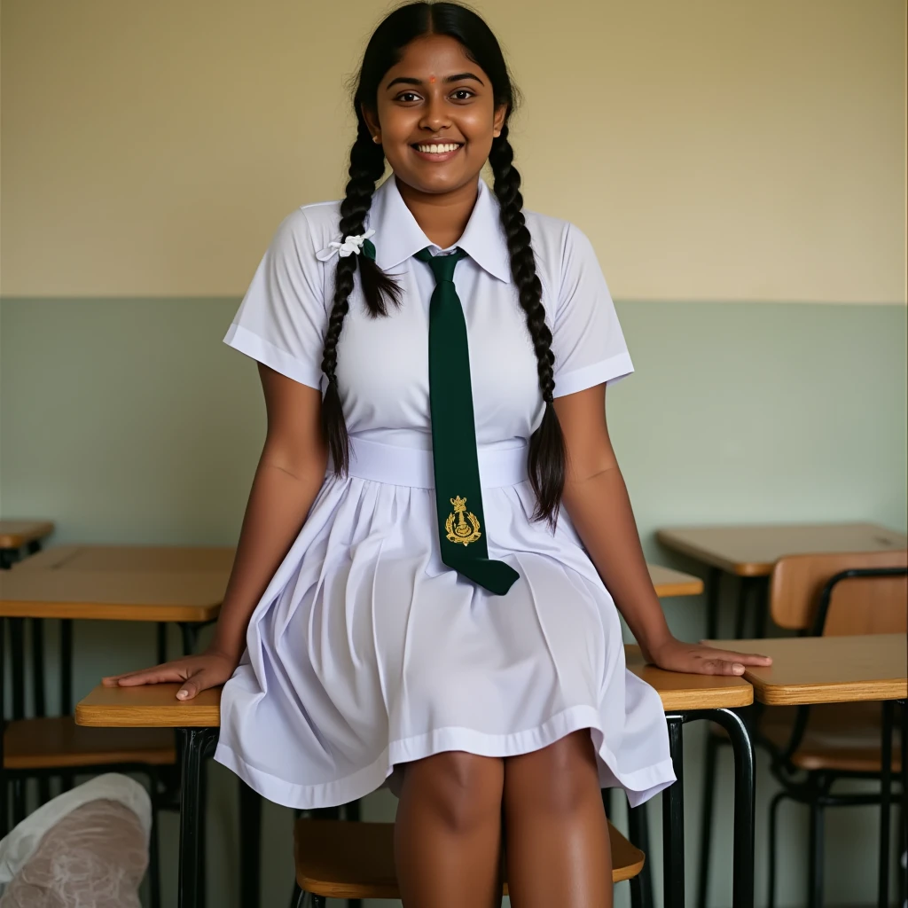 Cinematic view, photo realistic image, Sri Lankan school girl, 20 years old, wearing a white frock and a colored tie. She has plaits, black braided long black hair, tanned color, natural skin, Sri Lankan girl, sitting in a chair, cross legs, legs on the table, smiling, night bar, at night bar, barefoot the table, realistic feet, soles, nice soles, beautiful soles with correct anatomy, view away of the camera, portrait photo, depth of field. vintage filter, thinking about something, deep thinking mood, photography