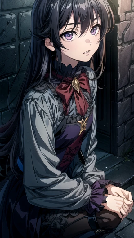 masterpiece。best quality。(a dark, gothic, and classical anime style CG:1.8)。super high definition。8k wallpaper。detailed。attention to beautiful details。Hues and overall tones are dark and cool。dynamic composition。dynamic angle。shallow depth of field。The layout is a long shot。The angle is an oblique view from above。The focus part is the whole body。 BREAK a beautiful girl from the Victorian Era。a cute girl。18 yeas old。a character that makes you feel elegant and mysterious beauty。Dracula's last descendant。Wear a white ruffle shirt on the upper body and a black jacket over it。The jacket is double buttoned and decorated with gold。The jacket gives an elegant and stylish impression。The design with a black dress skirt that is above the knee combines ease of movement and femininity。Her feet are covered with black tights。Wear Victorian-style black boots which have fine lace-up details and which are in harmony with the overall classic look。Her finger has a small gold ring given to her by her fiancé。The collar of the jacket is a small purple brooch adorns the eye as an accent。 BREAK complex background。detailed background。Europe in the latter half of the 19th century。Walpurgis Night。An ancient castle located in the mountains of southern Brasov province in the Transilvania region of southern Romania。 BREAK dynamic pose。a gentle and calm expression。neat, well-behaved posture。Strength hidden within, determination, mystique, motherhood and thoughtfulness are hidden within the eyes。 BREAK highly detailed face。detailed skin。purple eyes with a sense of transparency。fine, beautiful eyes。super detailed eyes。realistic eyes。high resolution eyes。big, attractive glowing eyes。highlight catchlight。sharp pupils。Emphasize the depth of her pupils。eyeliner。double eyelids。sharp canthus。The hairstyle is partially braided Elegant Long。Her double tooth is showing for small mouths。Her eyes are framed by long and dark eyelashes。Her skin is very white and is painted in a light tone。