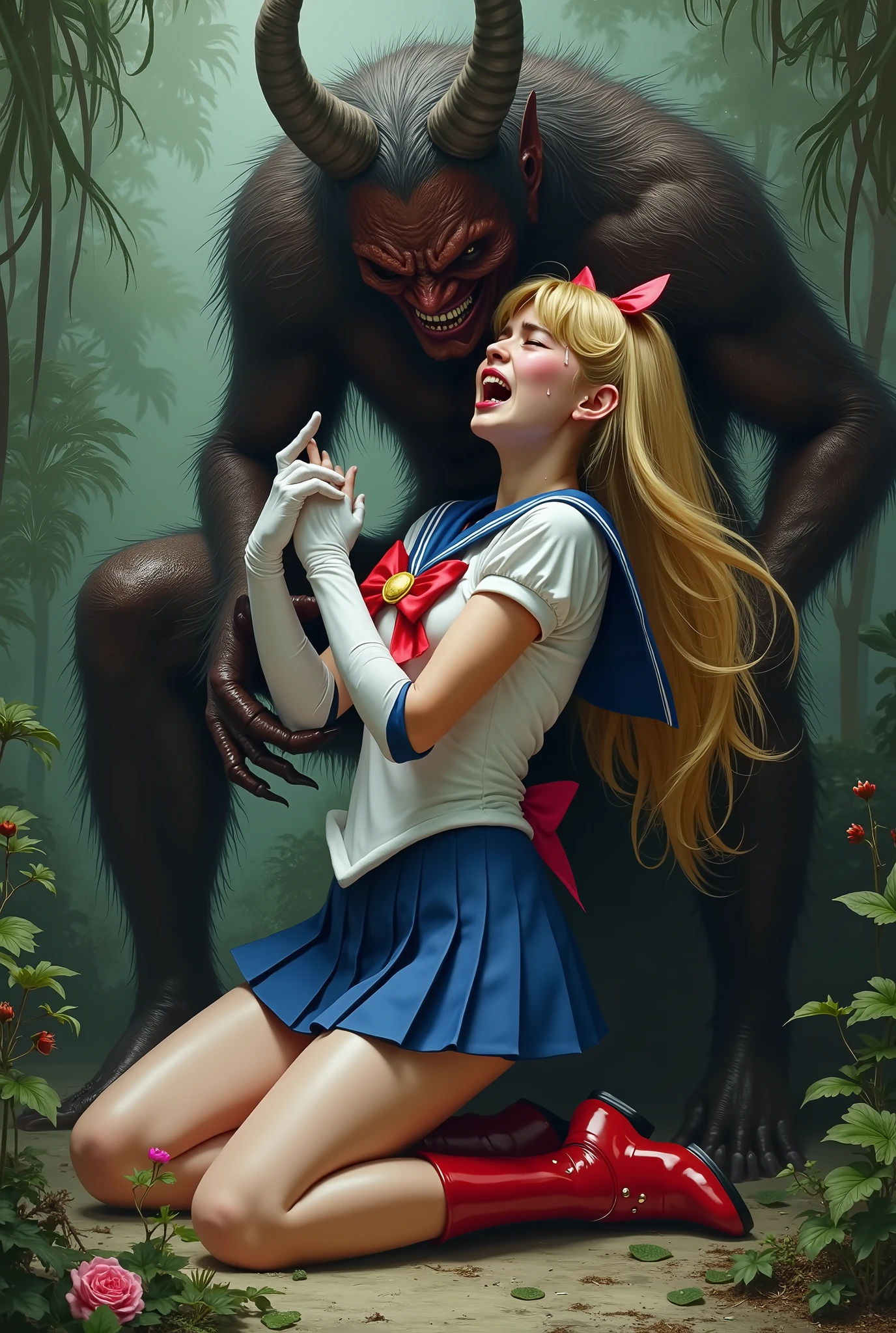 Hyperrealism, masterpiece, highest quality, A young Japanese woman is kneeling in front of a devil, she push his thighs out, ((she is crying and screaming in pain)), tears from her eyes, painful face, she is wearing a Sailor Moon costume, Blue sailor collar, Blue short mini pleated skirt, she is wearing a very short blue mini pleated skirt, (upskirt), Long white gloves, shiny beige color pantyhose, Exposed thighs, red long boots, big choker, long blonde Hair, (a devil is standing in front of her face), his crotch is at her face level and attach to her face, the devil is holding her head tightly and push his private part into her mouth, in the jungle,