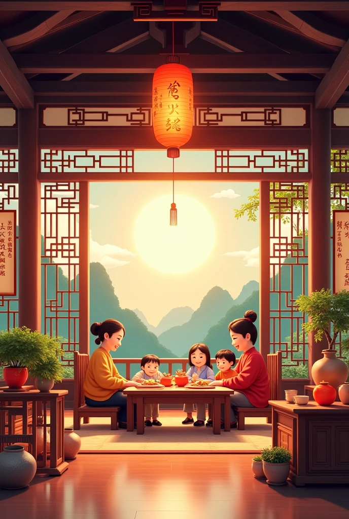 Vintage Chinese Courtyard There is a woman in a long Chinese cheongsam sitting on a stone table and chair, Next to it is a fish tank,There are lotus flowers inside, Realistic style