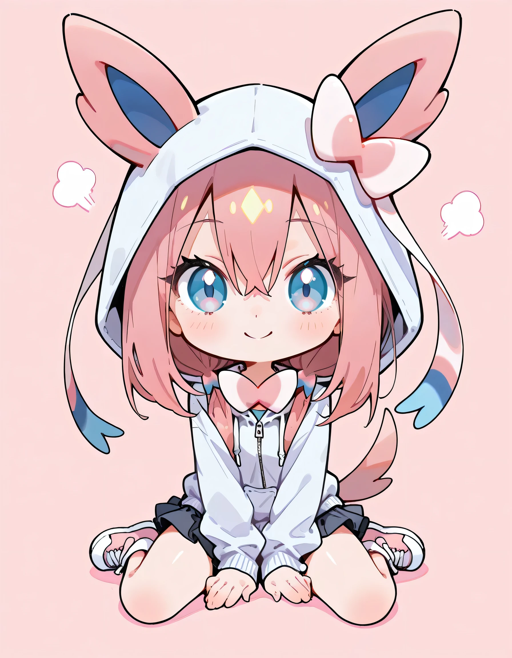 fullbody,(chibi),(dynamic cute wariza pose:1.3),solo,1girl,18years old,pastel pink long straight hair,hairs between eyes,うっとり,natural cosmetic,cute face,(pink sylveon(pokemon), hoodie,mini skirt),hood up,pastel pink sporrts shose,soft lineart, (pastel pink color background),memorial shot,nostalgic scene,