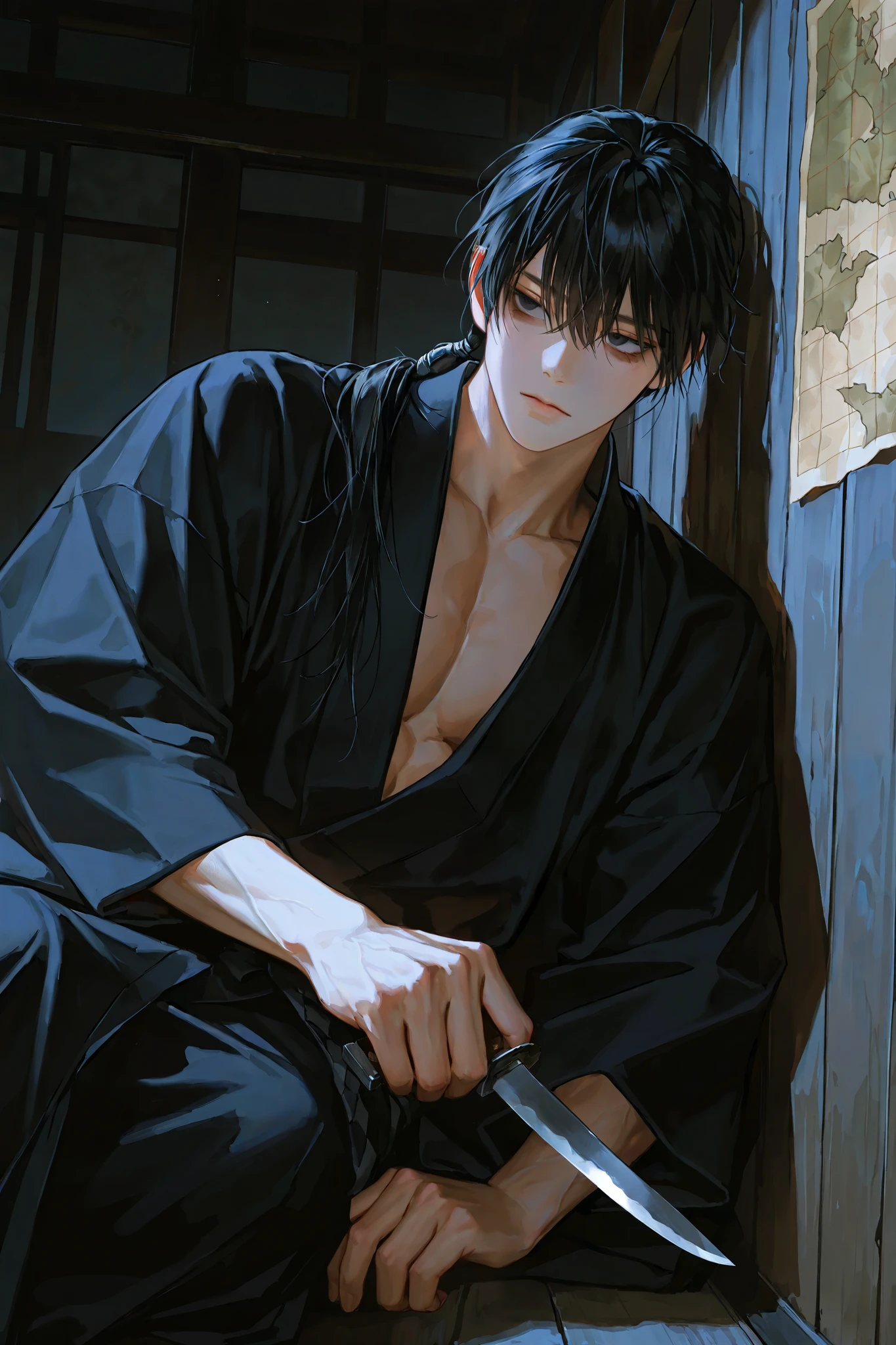 middle-aged 남성, handsome, lying, 1 man, dark circles under eyes, long hair, MALE FOCUS, handsome man, Thick painted , Korean Comic Style , semi-realistic art , semi-realistic art style, expressive brushstrokes, vibrant brushstrokes, Impressionist painting , realistic skin, realistic hair, realistic detail, photorealistic, high detail, muscular, near, heavy body, big hands, alone, alone, Front view, tied hair, ponytail tied over , 검은색 무늬 Kimono, black hair, points under the eyes, hand tendons, dark , dark 분위기, Edo period , Japanese style, Kimono, 어깨에 걸진 Kimono2, knife, samurai, samurai knife, Leaning against a wall, is expressionless, middle-aged, older married, Hand holding the Japanese map, fighting