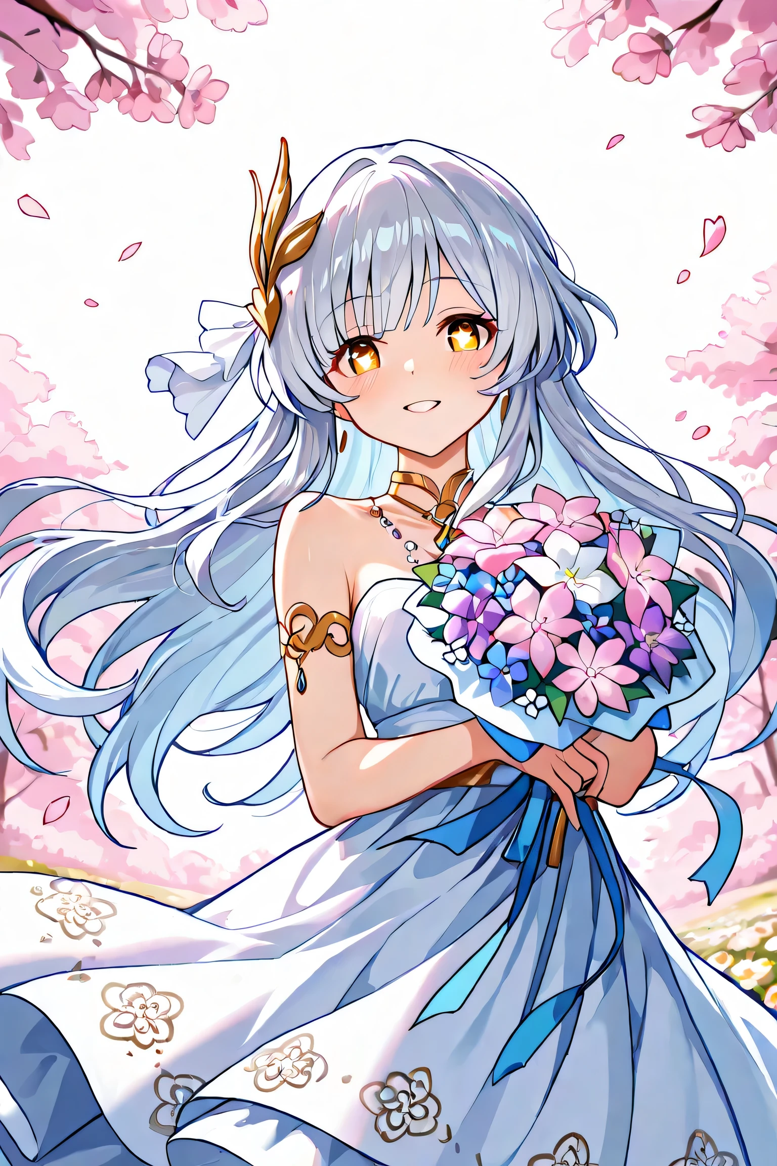 A stunning young woman with long, flowing white or silver hair, gracefully caught in motion as she twirls through a field of vibrant flowers. She holds a delicate bouquet in one hand while flower petals scatter around her, carried by the wind. Her expressive eyes, shimmering in shades of lavender or soft blue, convey a sense of joy and wonder. She wears an elegant, flowing dress that billows with her movement, adorned with intricate floral embroidery. One arm is extended outward as if reaching for a falling petal, while the other gently lifts part of her dress, creating a sense of fluidity. The background features a dreamlike, sunlit meadow with soft golden hues, enhancing the ethereal beauty of the scene. The petals in the air create a sense of depth and movement, making the entire image feel lively and enchanting.