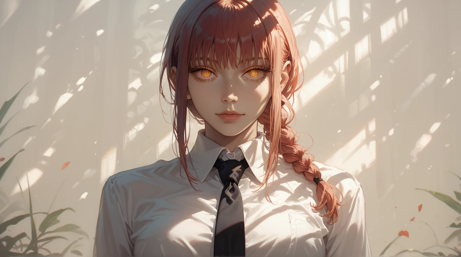 masterpiece, (photorealistic:1.4), best quality, beautiful lighting, makima \(chainsaw man\), (red hair)+(long braided hair)+(bangs), yellow eyes, golden eyes, (ringed eyes), (white shirt), (necktie),Prepare to be amazed by the astonishing level of detail in this ultra-realistic 10k high resolution artwork, where the fusion of Digital Painting, Anime Art, (masterpiece: 1.5) (photorealistic: 1.1) (bokeh) (best quality) (detailed skin texture pores hair: 1.1) (intricate) (8k) (HDR) (wallpaper) (cinematic lighting) (sharp focus )
