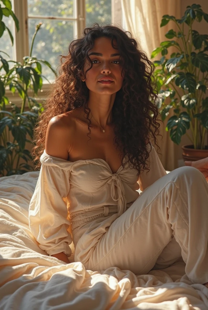 (photorealism:1.2), beautiful woman, sitting on bed, wearing loose off-shoulder top, pajama pants, long curly hair, indoors, soft lighting, plants in background, window with sunlight, cozy room, relaxed pose, realistic, intricate details, warm colors, by Greg Rutkowski, by Alphonse Mucha