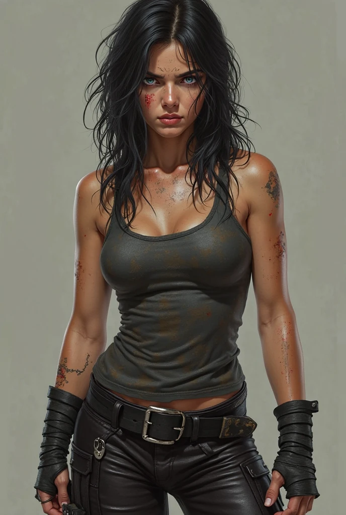 Cyberpunk 2020, Cyberpunk, young Rogue Amendiares from Cyberpunk, Perfect Face, Perfect body, white tank top, leather jacket, jeans, punk hairstyle, dark makeup, tattoos, hold big gun in hand, the legend ,Afterlife bar Interior, INK, Splash Art, Sharp Focus, Smoke, Sparks, Painting Concept ART of Detailed Character, 4K,