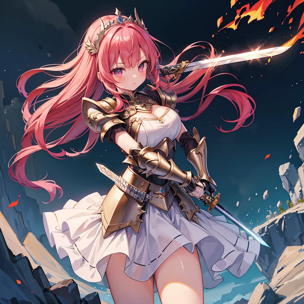 (masterpiece), best quality, fantasy art, 1girl, a girl in metal armor holding sword, ((sword of flame)), ((close-up of sword)), (huge sword), PlantedSword,(holding sword). pink_dress, white_armor,cropped shoulders armor, plate armor, armor dress,gauntlets, red hair, long hair, tiara,cleavage, thighs, thighhighs,glaring, weapeon, (sword:1.3),PlantedSword, full moon