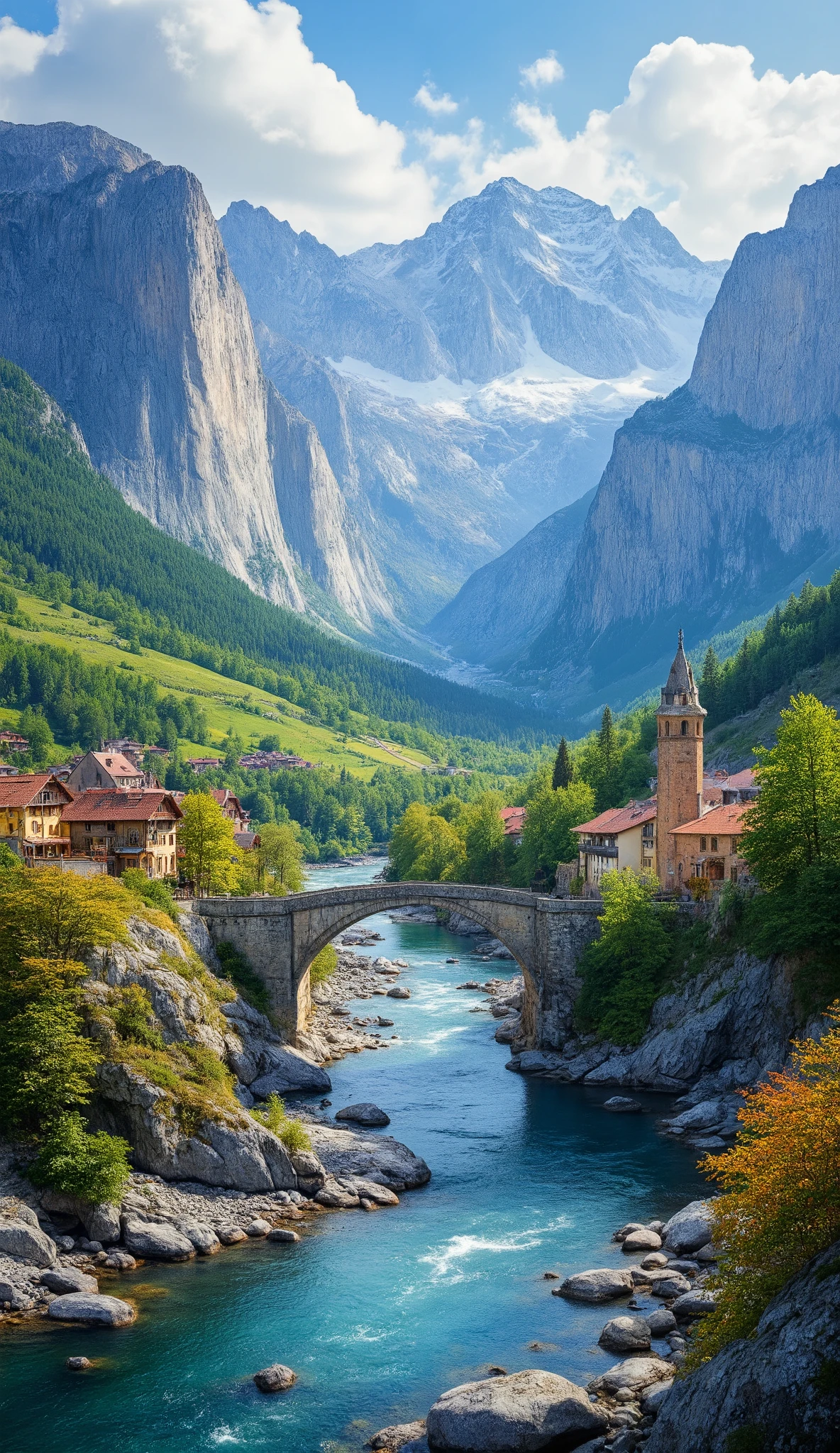 in high-definition images、夏山のoilの傑作 、 bright color 、 Spectacular Dramatic Expressions in Intense Style 、 Small village 、 Gothic Bridges 、 river 、 BREAK's Masterpiece 、 Crystal Water Top Quality Intricate Details 、 super clear 、 Screen Environment 、 Realistic shadows 、 Solid Buildings、 8 kilometers 、 oil 、