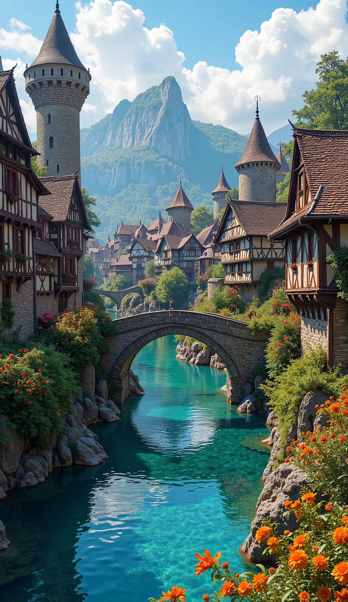 in high-definition images、medieval European rural masterpiece 、 Bright flower colors 、 Spectacular Dramatic Expressions in Intense Style 、 Small village 、 Gothic Bridges 、 river 、 BREAK's Masterpiece 、 clear, crystal clear water, top quality intricate details 、 super clear 、 Screen Environment 、 Realistic shadows 、 Solid Buildings、 Image quality is excellent、 many ways to see flowers blooming。
