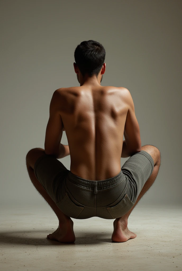 A naked man crouching on his back spreading his ass with his hands and showing his butthole