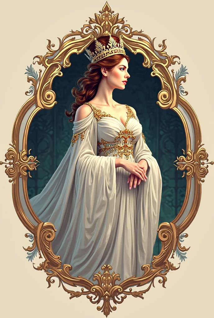 Book cover with a woman and golden decorations on the sides 