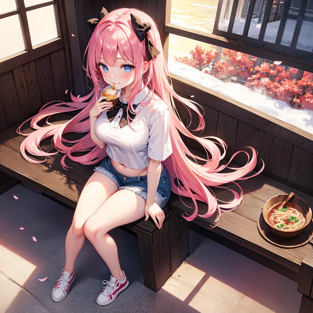 realistic image, detailed image, coherent image, 1 beautiful elf, she has very long hair, she has a black bow in her square bangs, pink hair, light blue eyes, smiling, winking, she is wearing a loose blouse, showing navel, mini jean shorts, sneakers, She has a curvy body, big breasts and thick thighs, She is sitting, sitting sensually, showing her legs, arching her back, surrounded by falling flower petals around, inside a restaurant, full body view, view from above, sunset, twilight, Soft focus, Dramatic shadows, Volumetric lighting, natural lighting,chika fujiwara