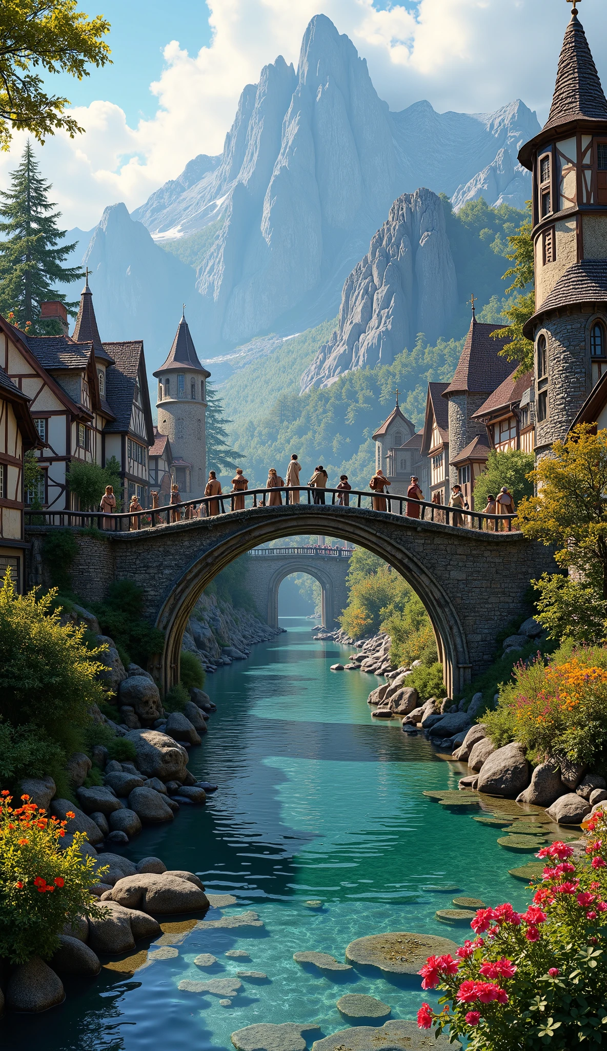 in high-definition images、medieval European rural masterpiece 、 bright flower color 、 Spectacular Dramatic Expressions in Intense Style 、 Small village 、 Gothic Bridges 、 river 、 BREAK's Masterpiece 、 clear, crystal clear water, top quality intricate detail 、 super clear 、 Screen Environment 、 Realistic shadows 、 Solid Buildings、 Image quality is excellent、 many ways to see flowers blooming。