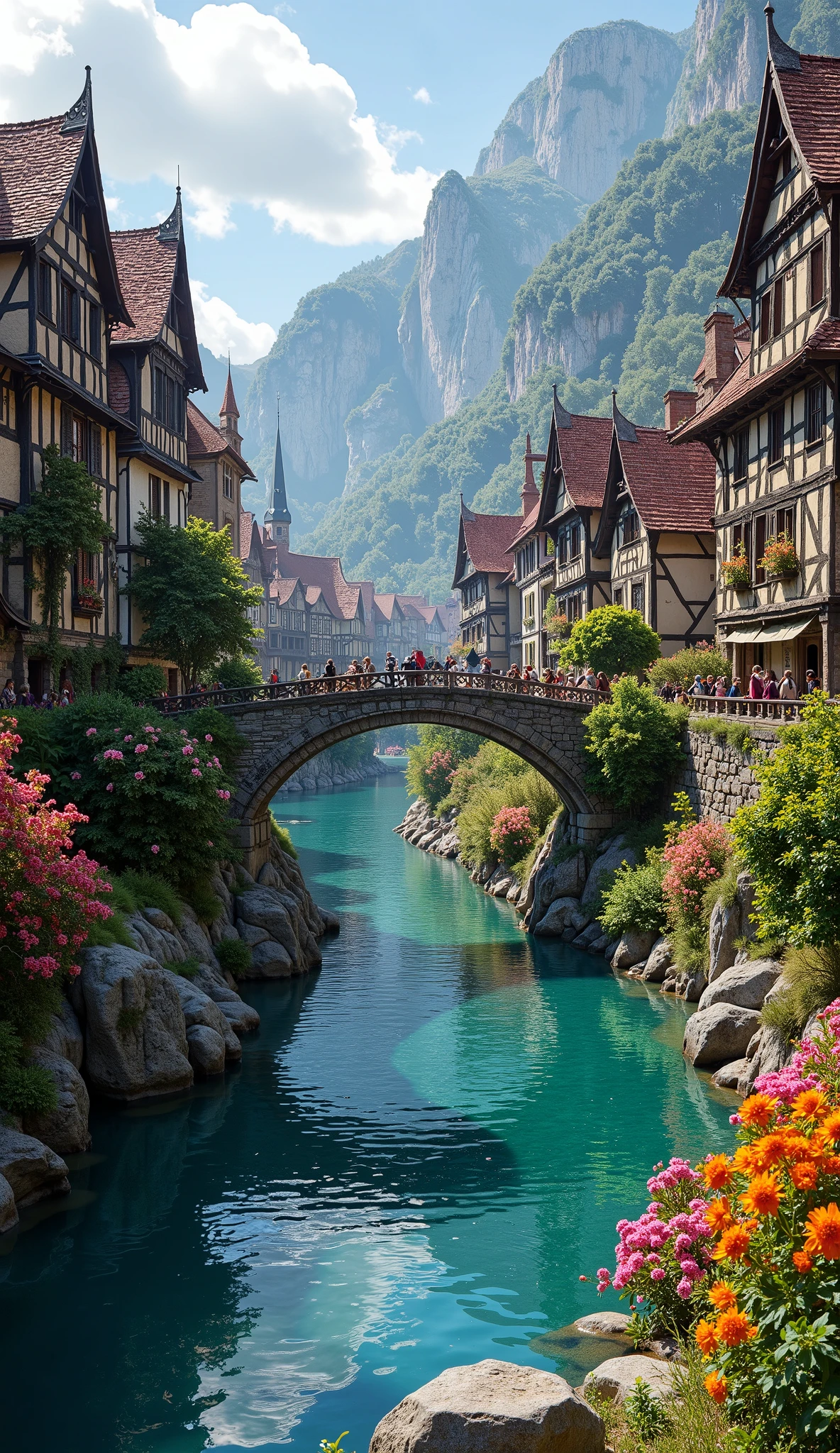 in high-definition images、medieval European rural masterpiece 、 bright flower color 、 Spectacular Dramatic Expressions in Intense Style 、 Small village 、 Gothic Bridges 、 river 、 BREAK's Masterpiece 、 clear, crystal clear water, top quality intricate detail 、 super clear 、 Screen Environment 、 Realistic shadows 、 Solid Buildings、 Image quality is excellent、 many ways to see flowers blooming。